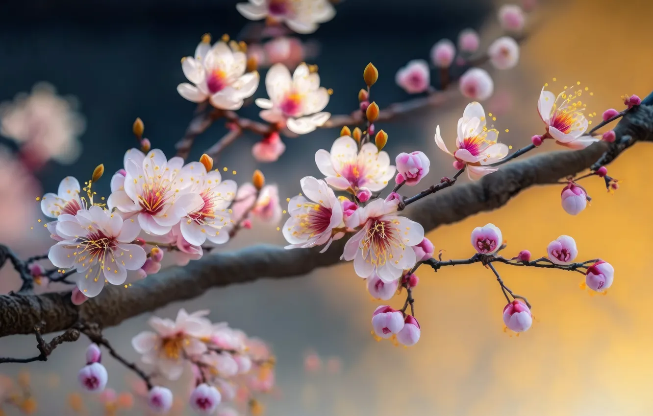 Photo wallpaper branches, spring, art, flowering, digital art, digital art, AI art, neural network