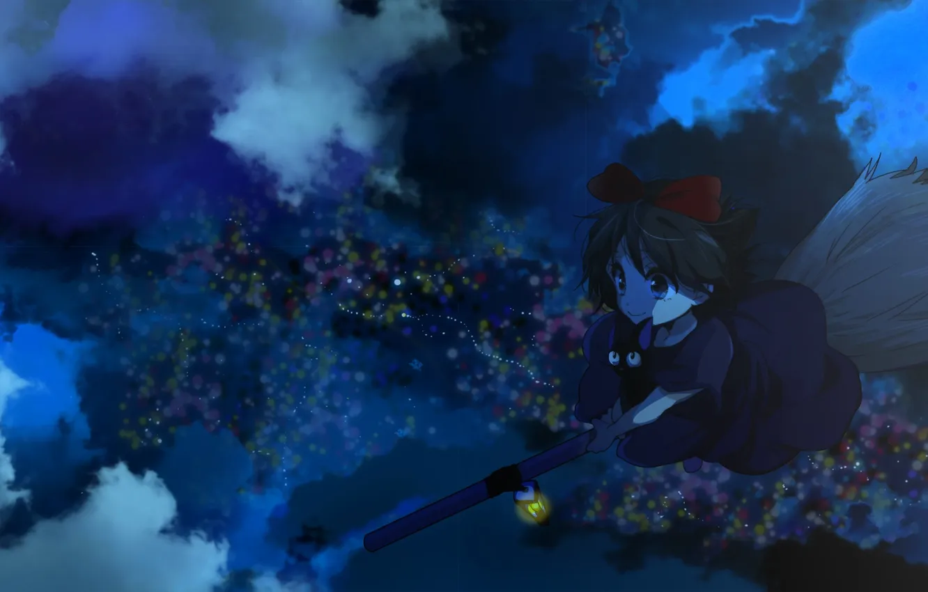 Photo wallpaper the sky, cat, clouds, flight, night, anime, art, lights