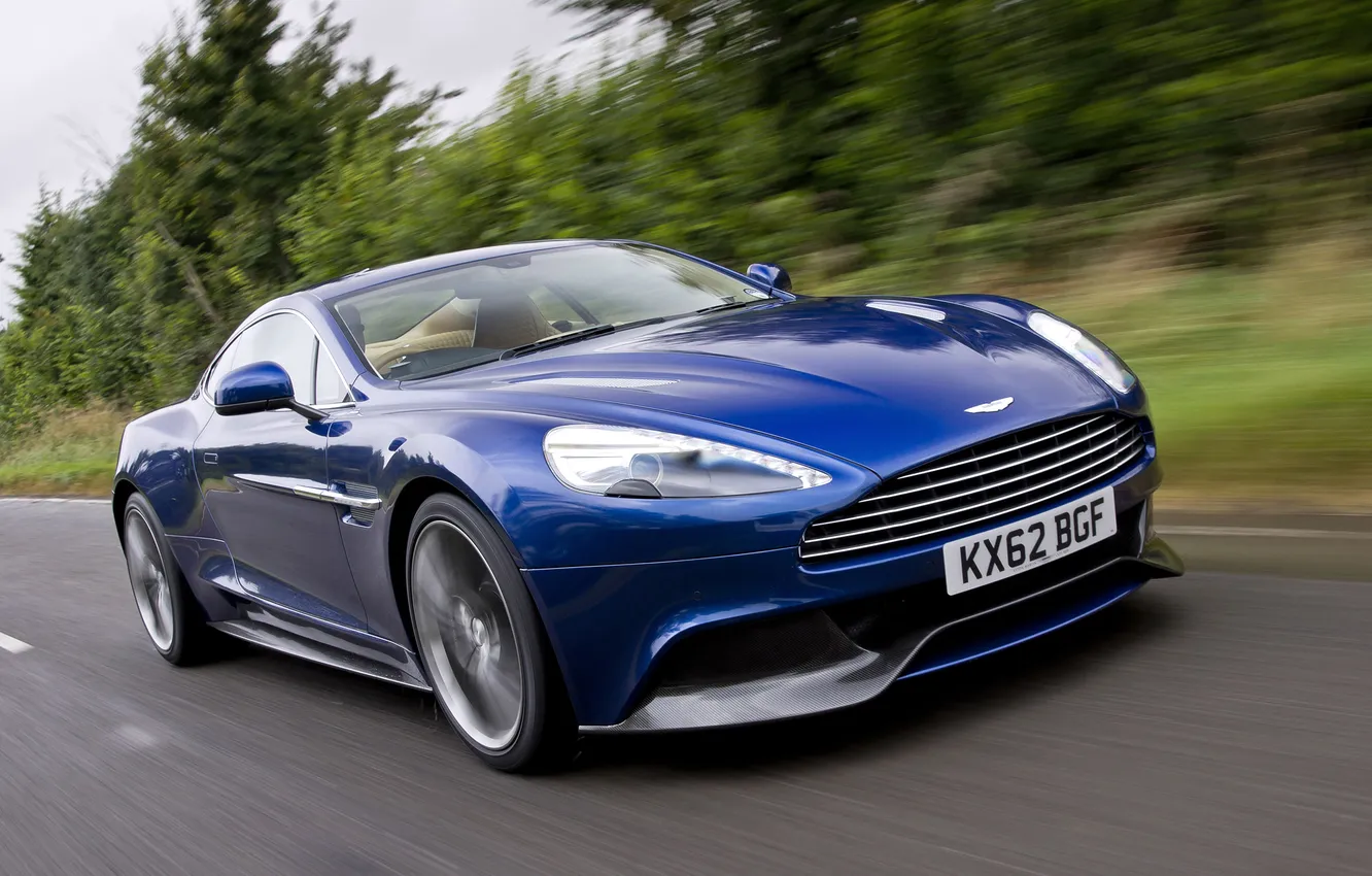 Photo wallpaper road, machine, auto, blue, Aston Martin, lights, grille, sports car