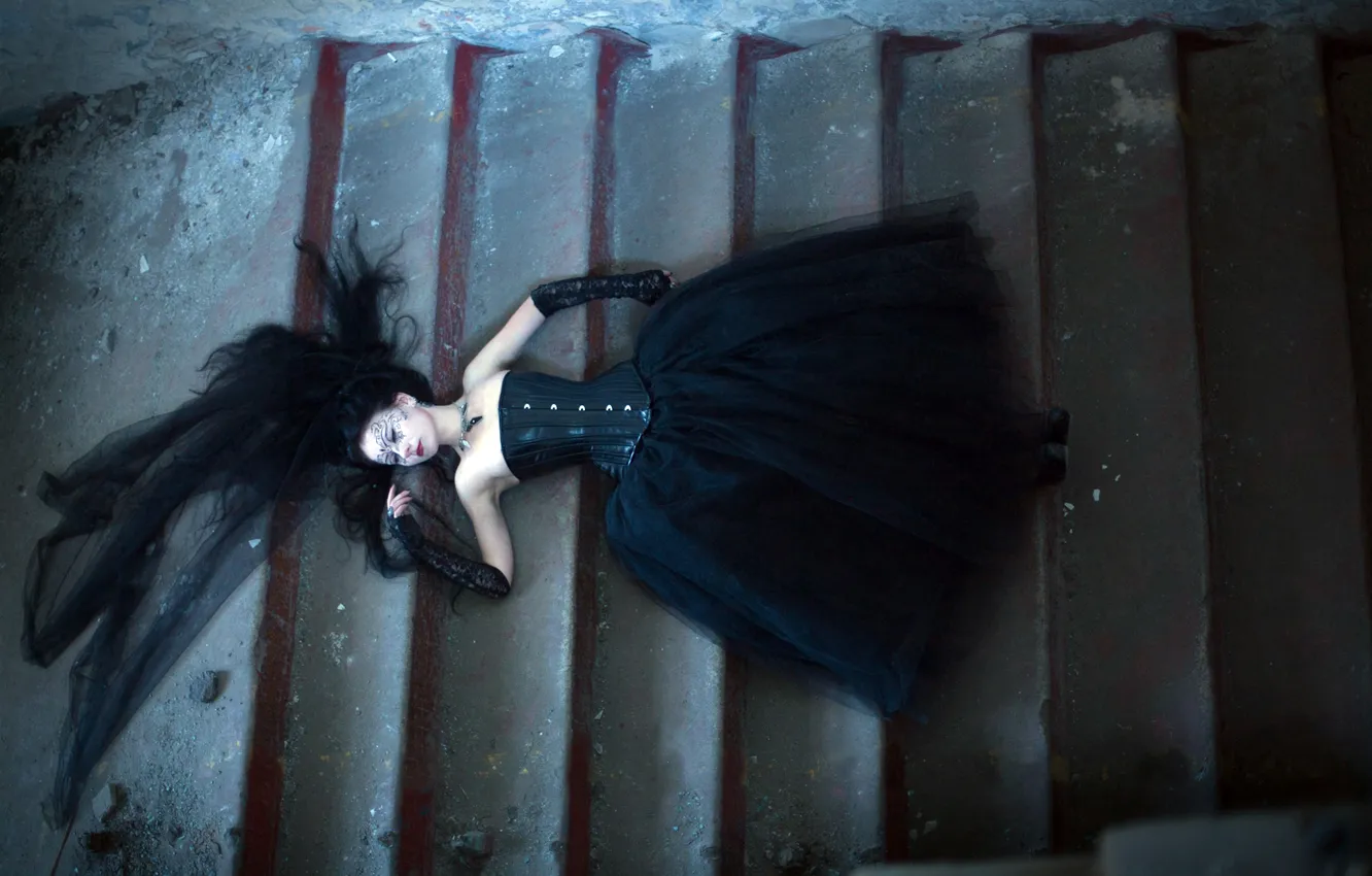 Photo wallpaper girl, black, dress, brunette, stage, corset, shawl, AUTEL