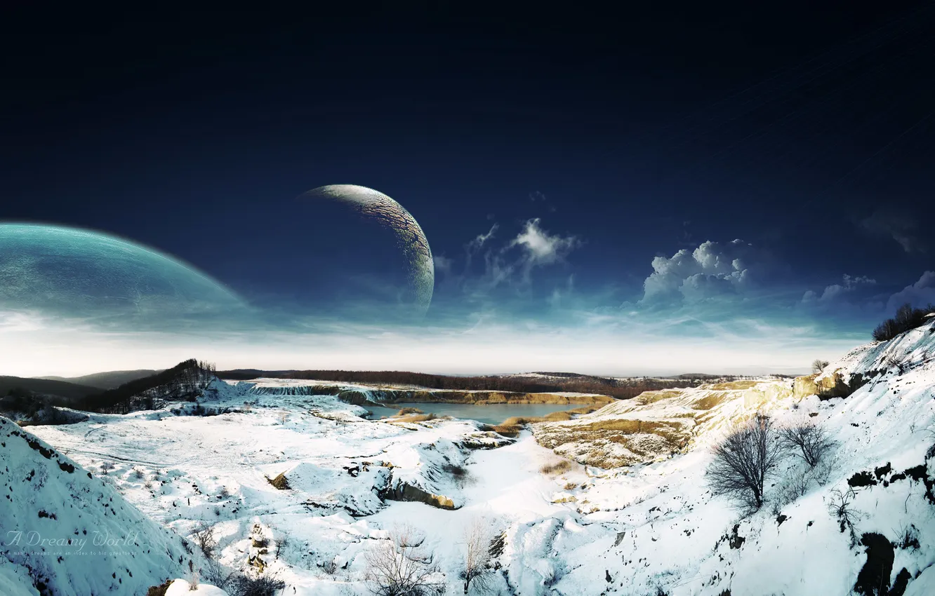 Photo wallpaper winter, the sky, clouds, snow, landscape, lake, planet, fantasy