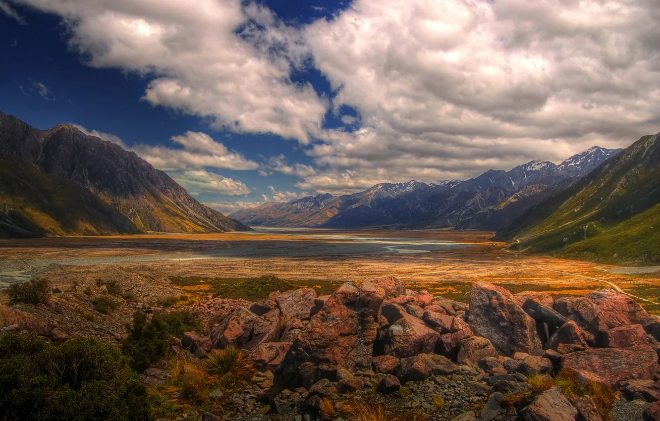 Photo wallpaper mountains, stones, valley, New Zealand