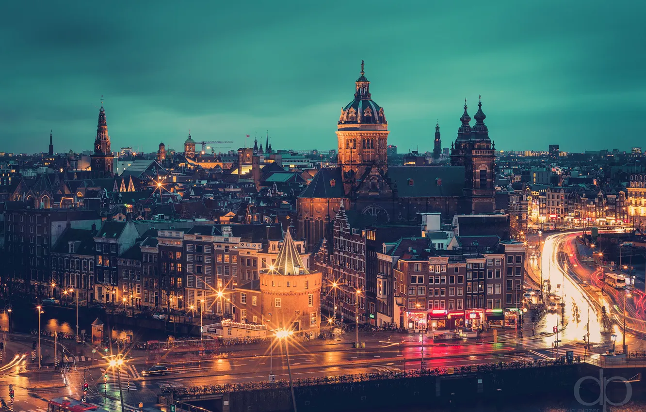 Photo wallpaper lights, the evening, Amsterdam, Netherlands