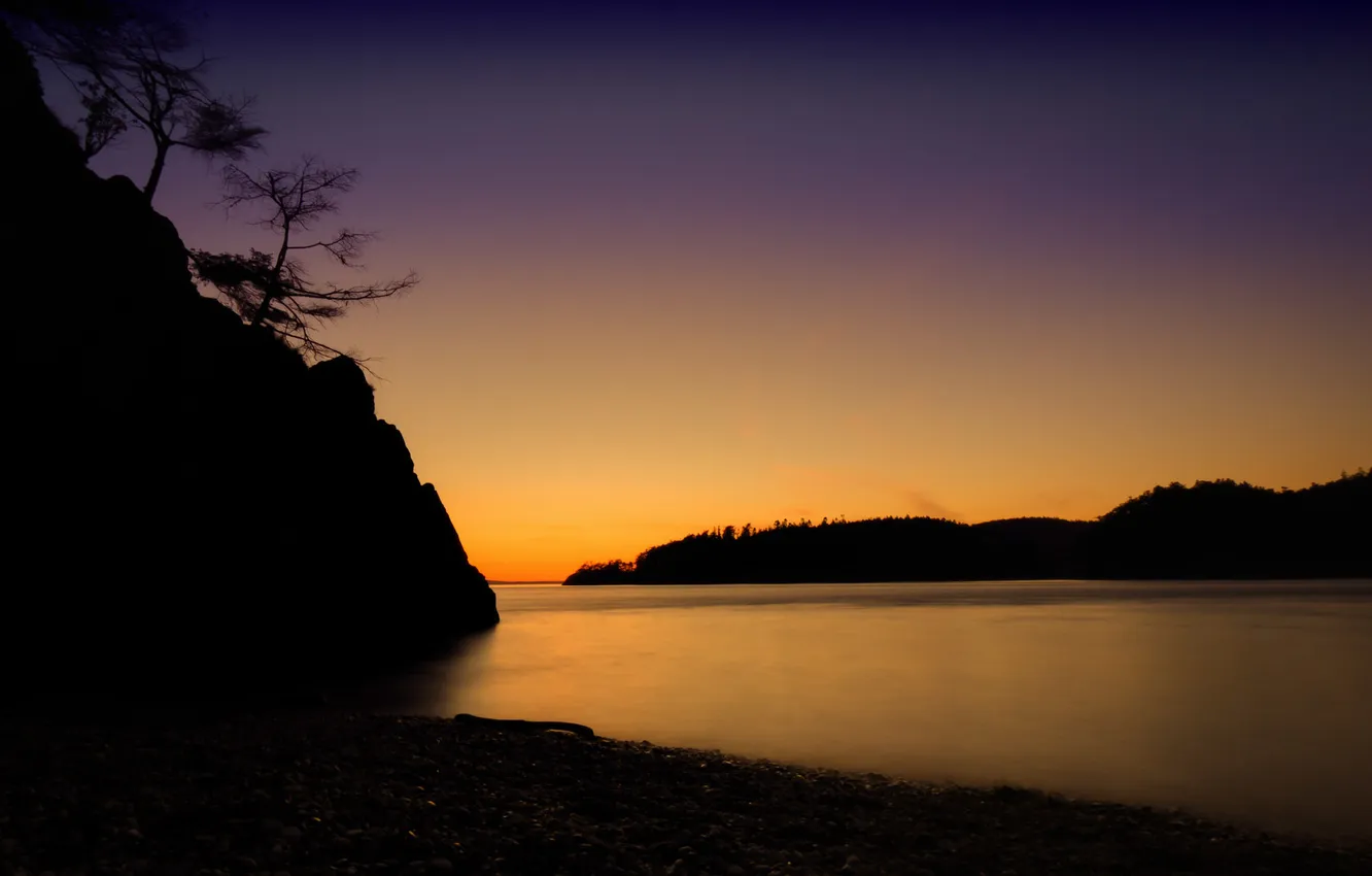 Photo wallpaper forest, lake, rocks, morning, silhouette, Washington, Rosario Beach