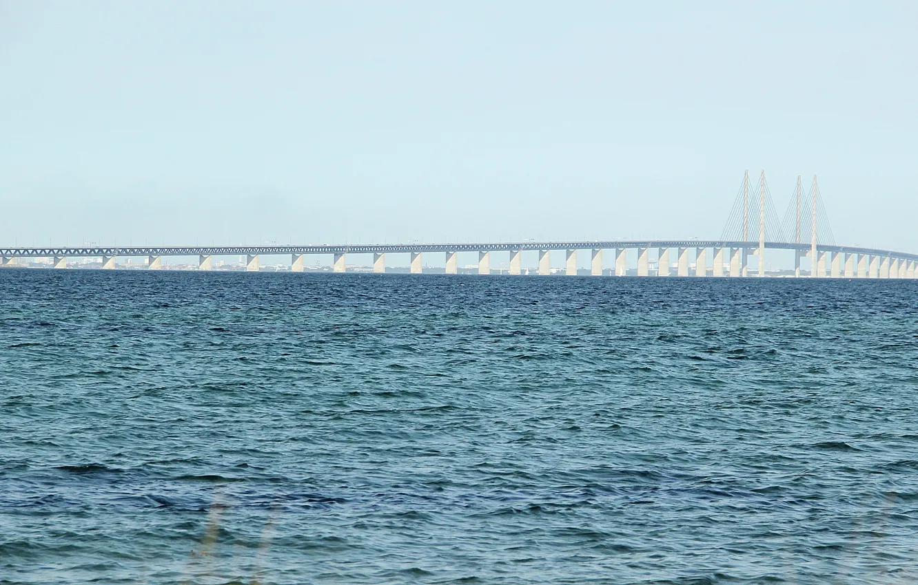 Photo wallpaper sea, bridge, Strait, wave, waves, bridge, blue sky, Baltic