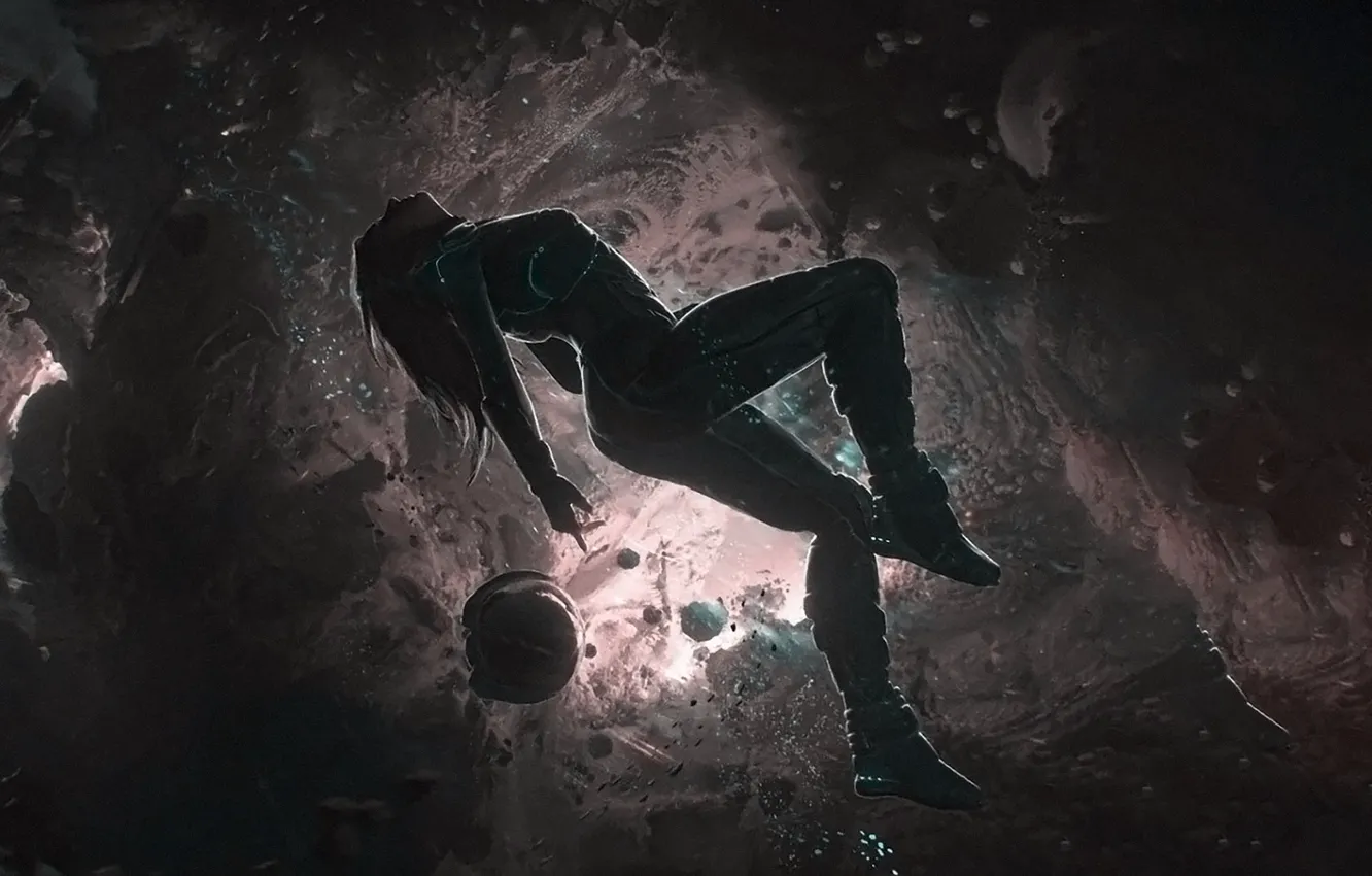 Photo wallpaper the wreckage, girl, space, light, flight, fragments, space, pose