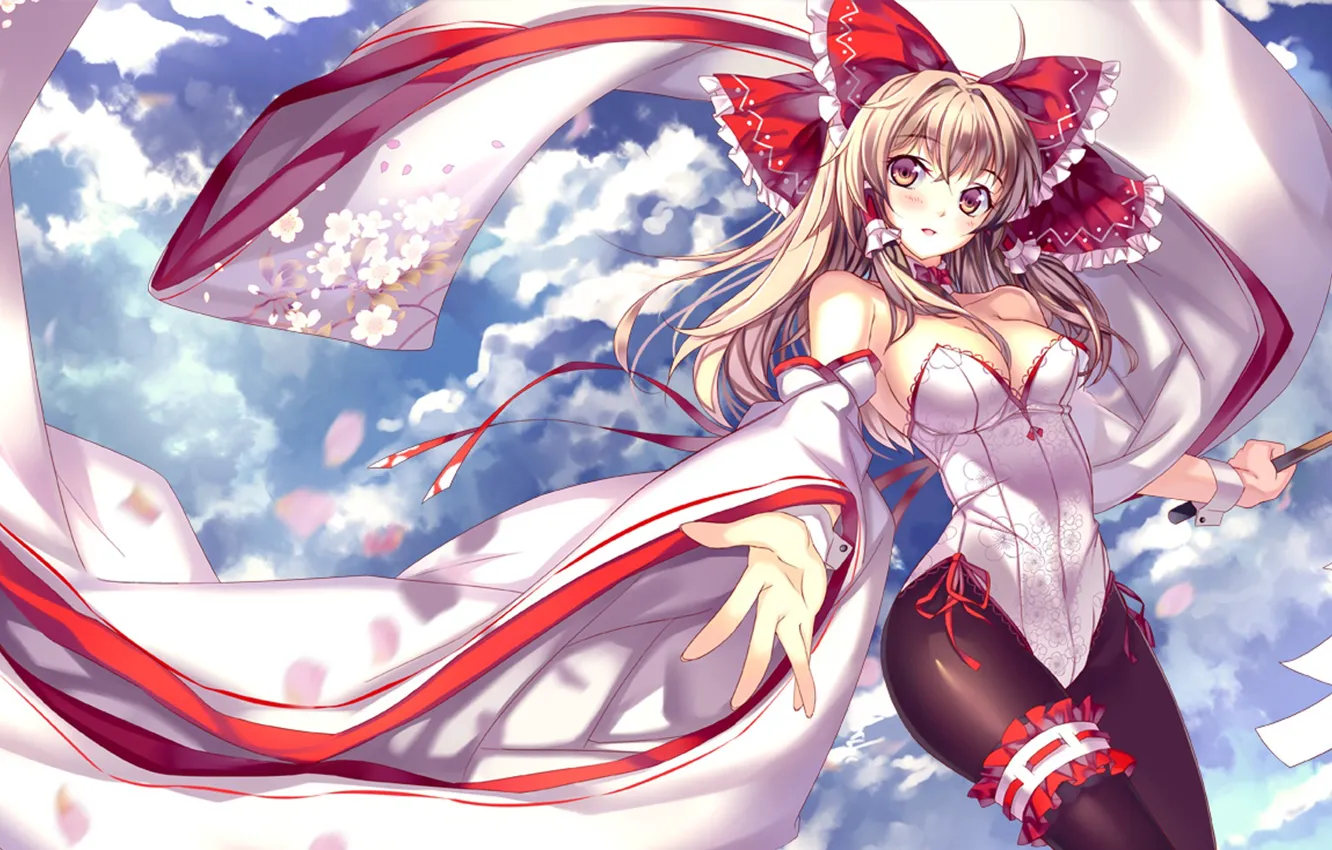 Photo wallpaper the sky, girl, flowers, bow, dlinnye sleeves