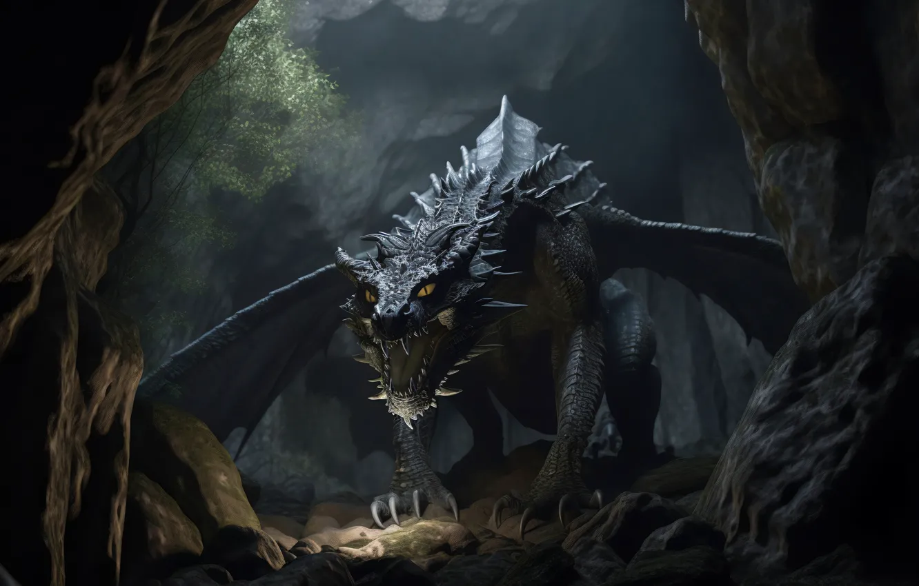 Photo wallpaper look, dragon, wings, grin, cave, digital art, AI art, The Art of Artificial Intelligence