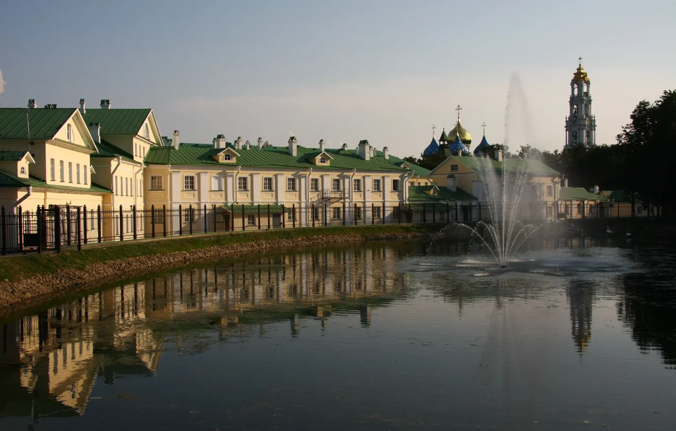 Photo wallpaper water, the city, reflection, home, grille, Church, fountain