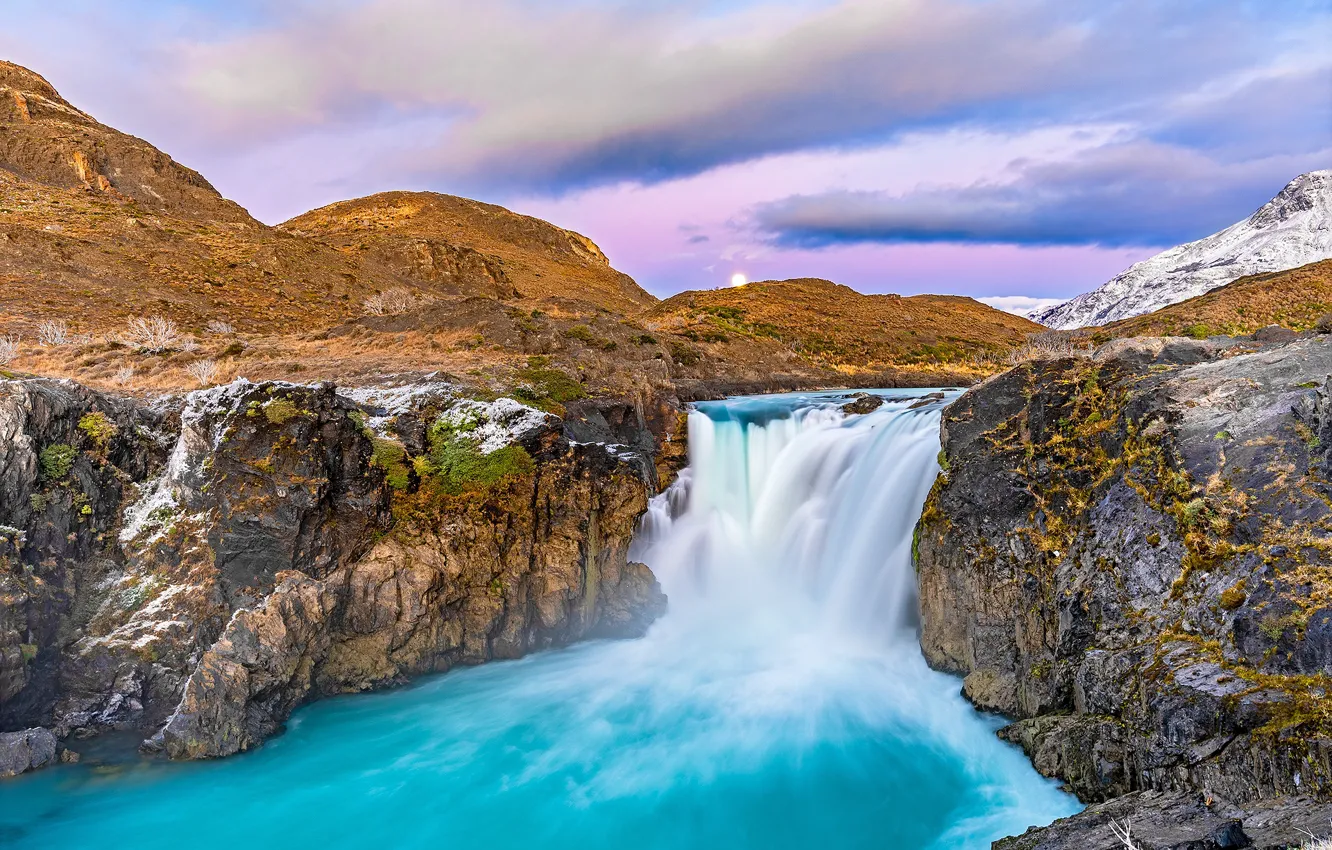 Photo wallpaper the sky, clouds, mountains, stones, rocks, waterfall