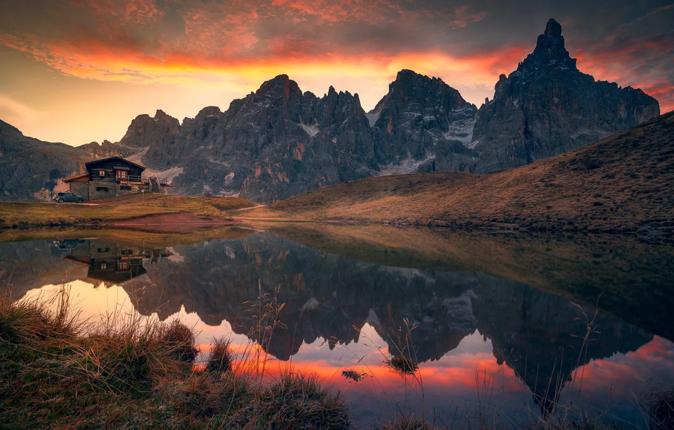 Photo wallpaper mountains, reflection, rocks, house, pond