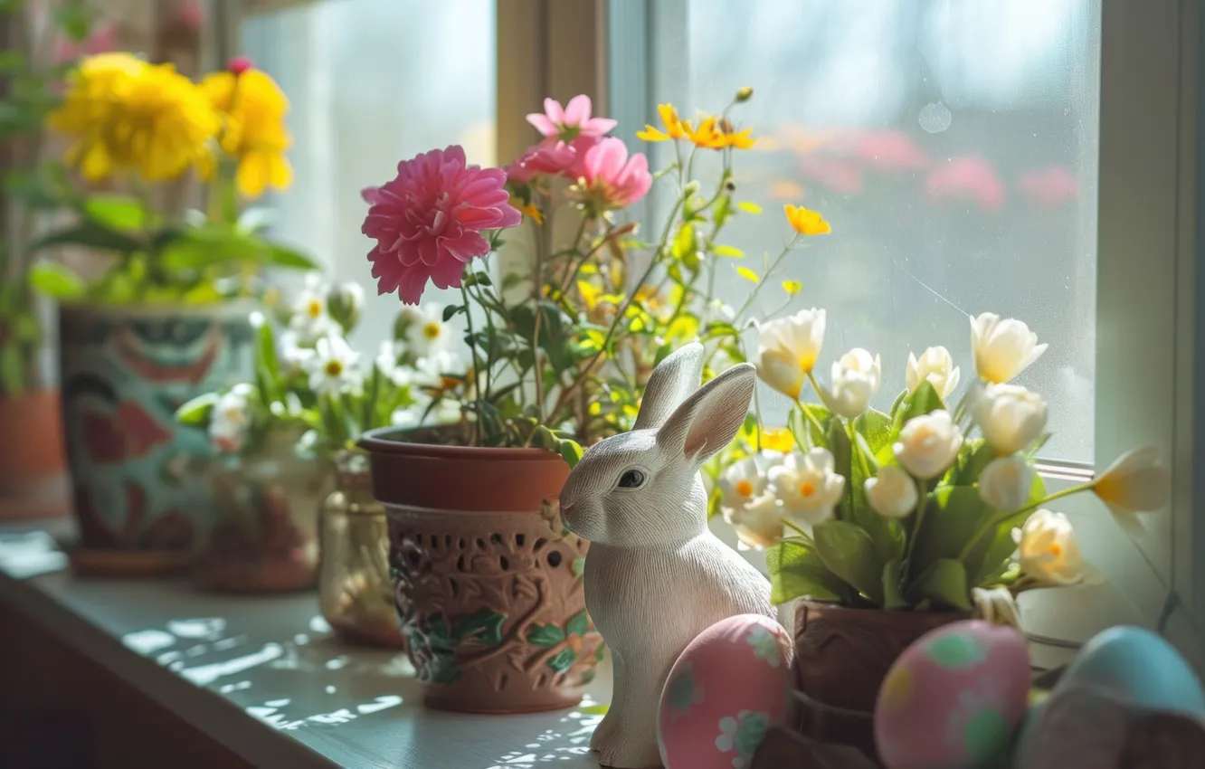 Photo wallpaper flowers, holiday, toy, rabbit, Easter, Bunny, figures, AI art
