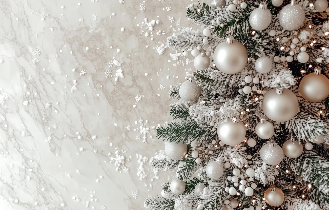 Photo wallpaper winter, frost, balls, snow, branches, new year, lights, Christmas