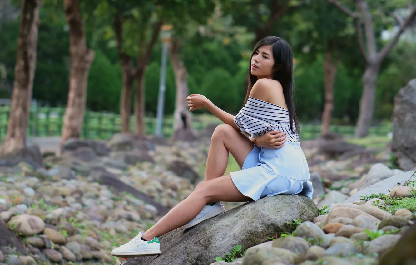 Photo wallpaper stones, skirt, blouse, legs, Asian, sitting