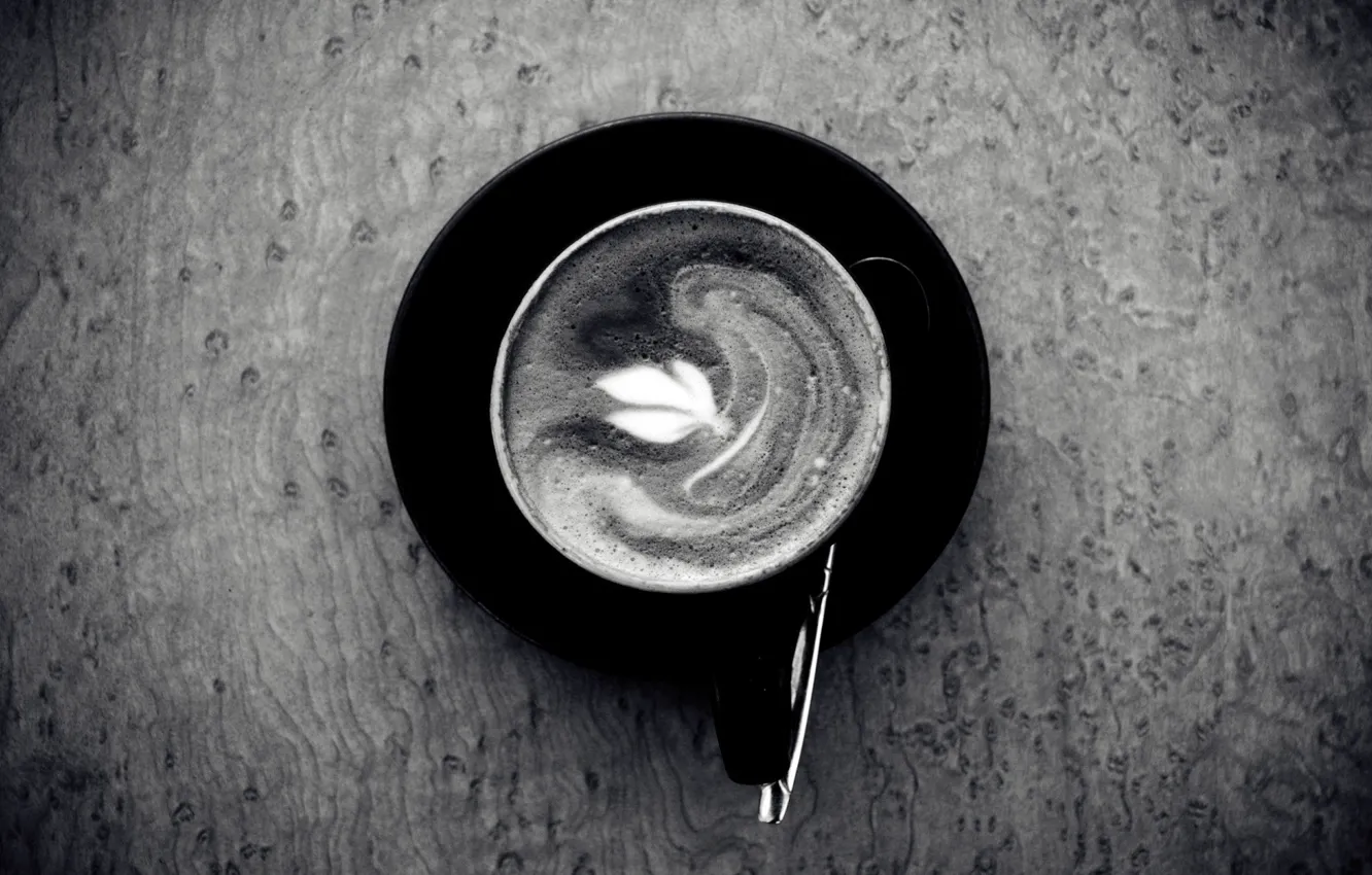 Photo wallpaper leaves, coffee, black and white, spoon