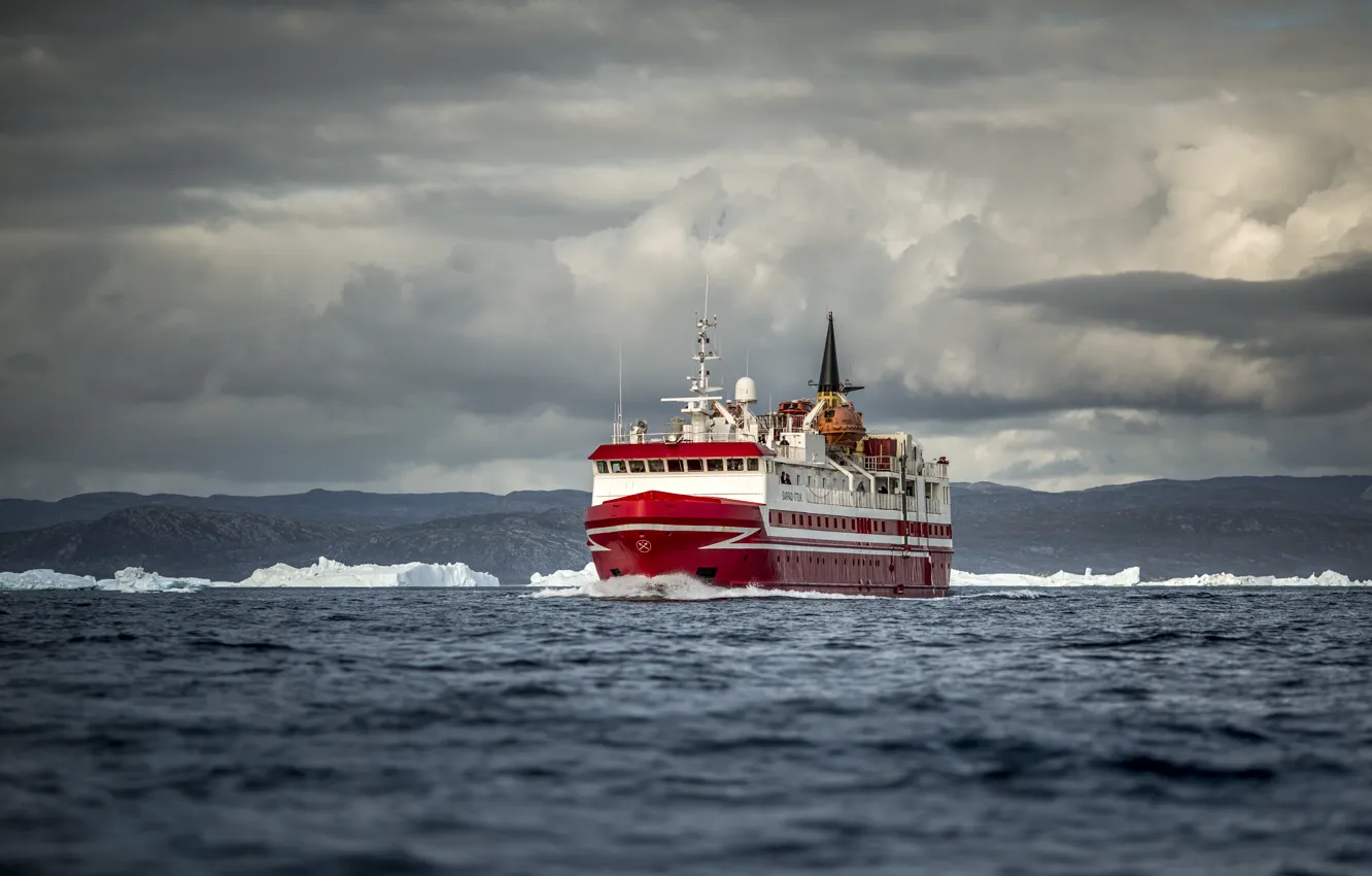 Photo wallpaper ice, sea, clouds, hills, ship