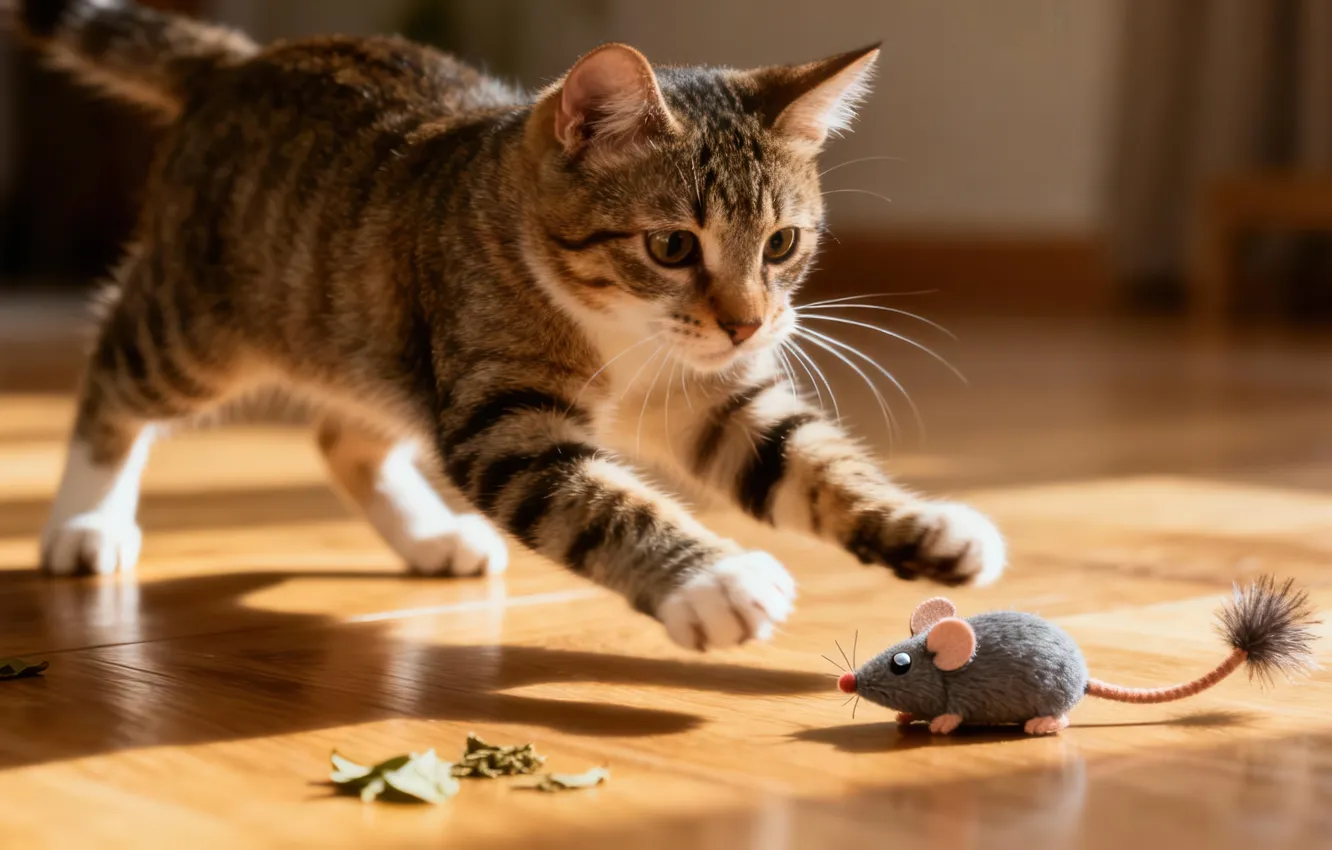 Photo wallpaper cat, look, light, pose, grey, jump, the game, legs