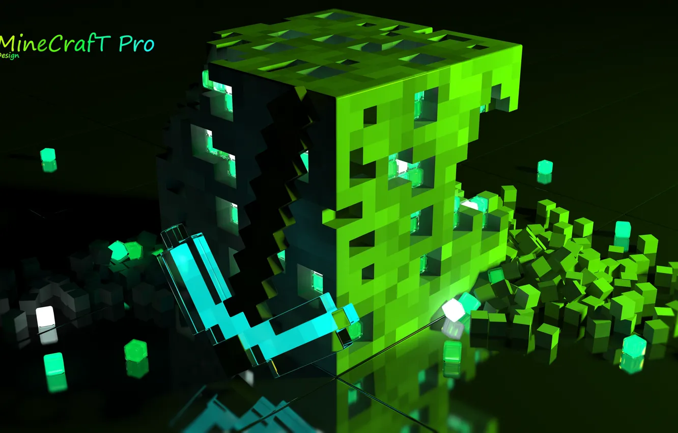 Photo wallpaper Minecraft, green light, diamond pickaxe