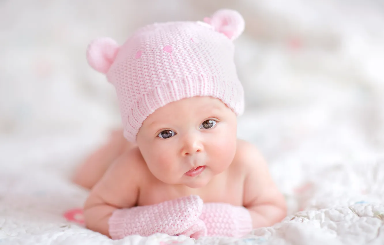 Photo wallpaper eyes, children, mood, hat, baby, little girl, newborn