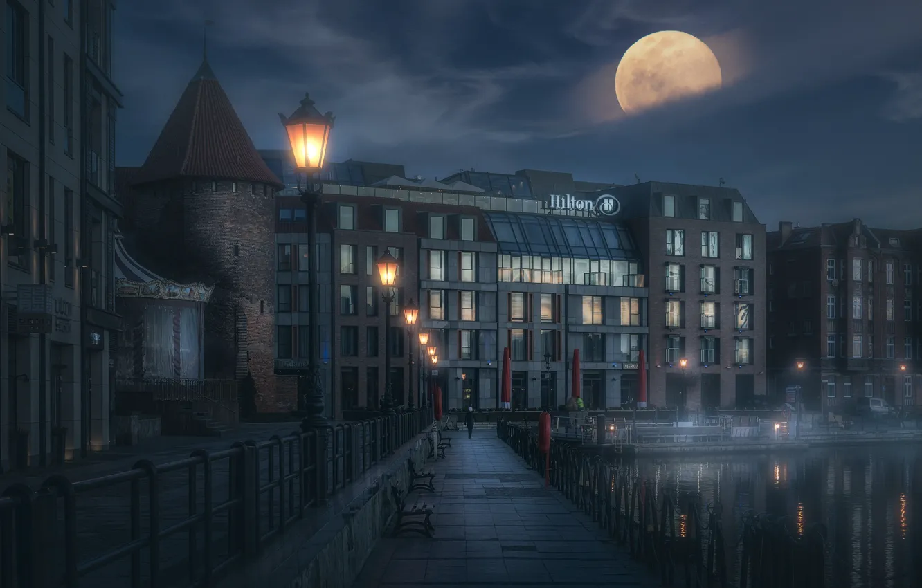 Photo wallpaper night, the city, the moon, building, Poland, lights, Gdansk
