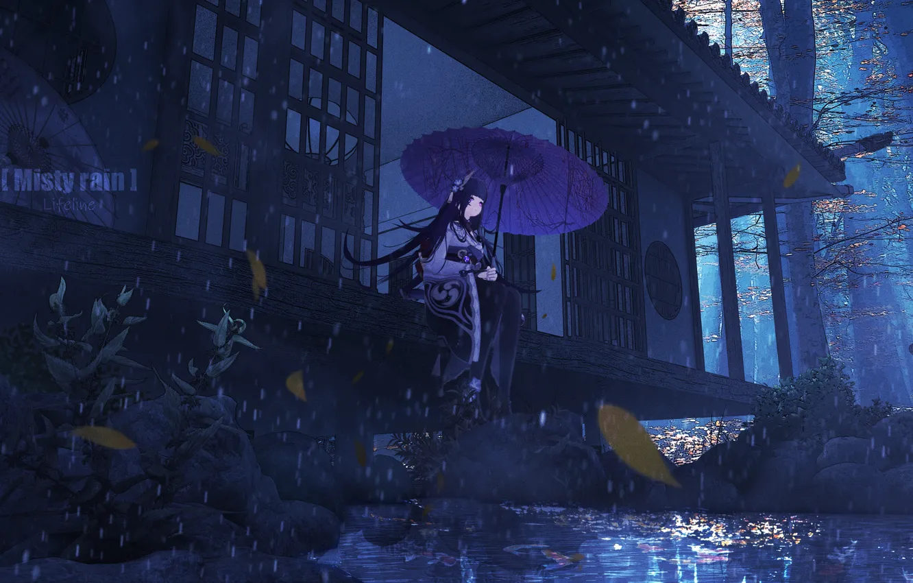 Photo wallpaper home, lights, Raiden Shogun, the evening, water, girl, Genshin Impact, autumn