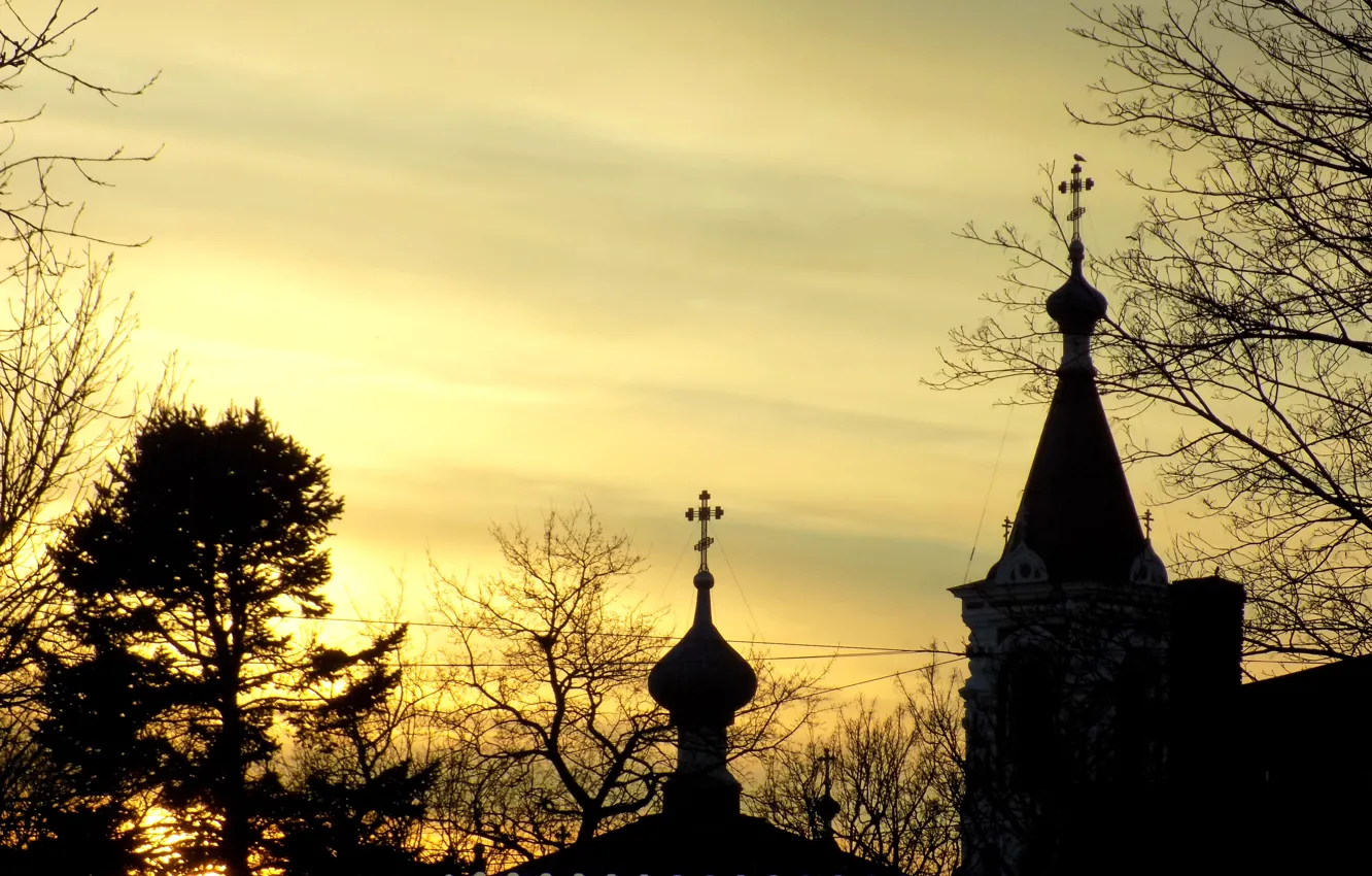 Photo wallpaper sunset, the evening, Church, silhouette