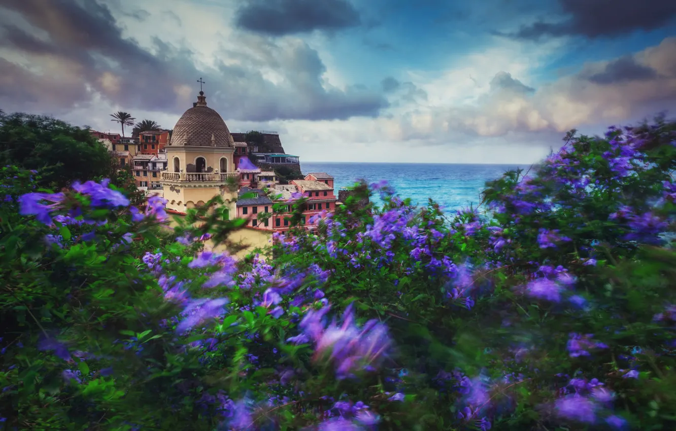 Photo wallpaper sea, clouds, landscape, nature, the city, vegetation, home, Italy