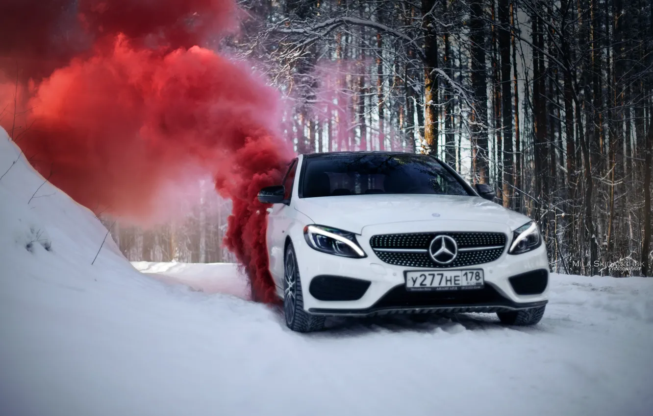 Photo wallpaper winter, car, machine, auto, city, fog, race, tale