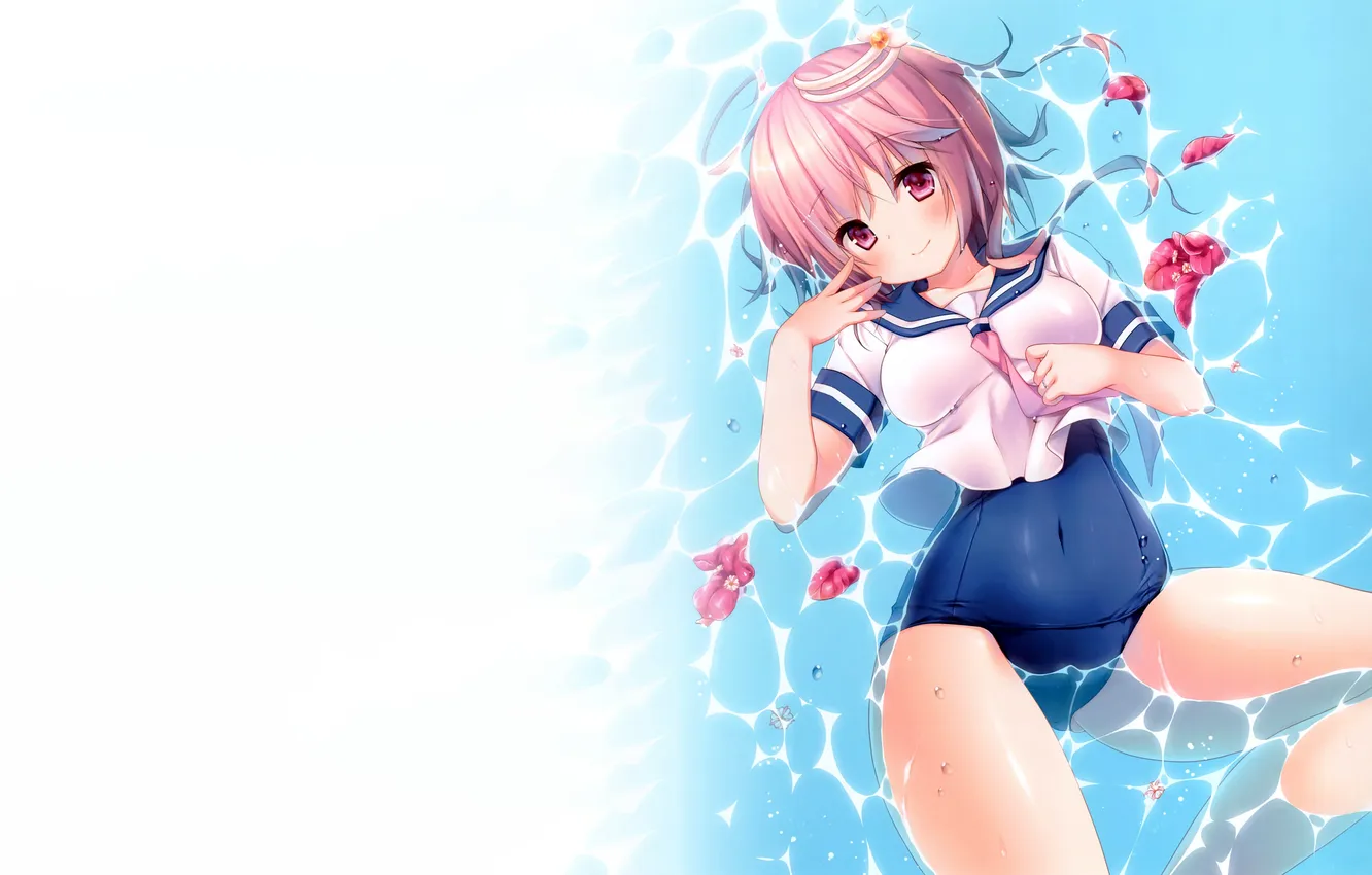 Photo wallpaper girl, sexy, wet, pink hair, legs, boobs, anime, water