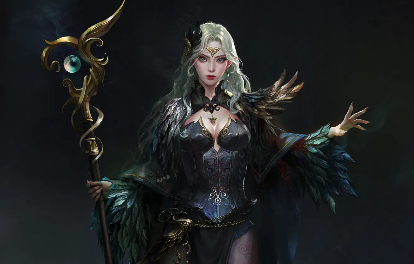 Photo wallpaper look, girl, pose, magic, feathers, art, staff, art
