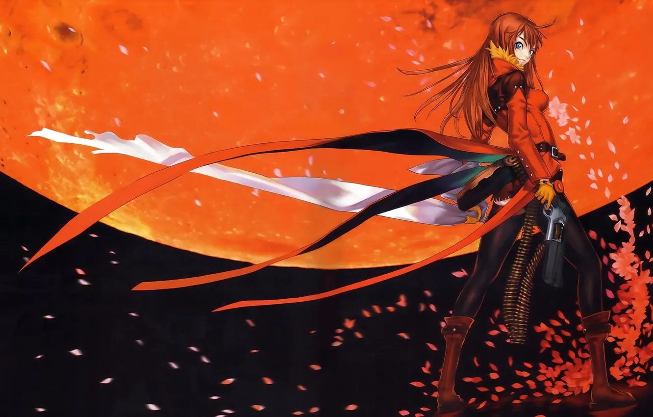 Photo wallpaper girl, red, abstraction, gun, weapons, the moon, petals, scarf
