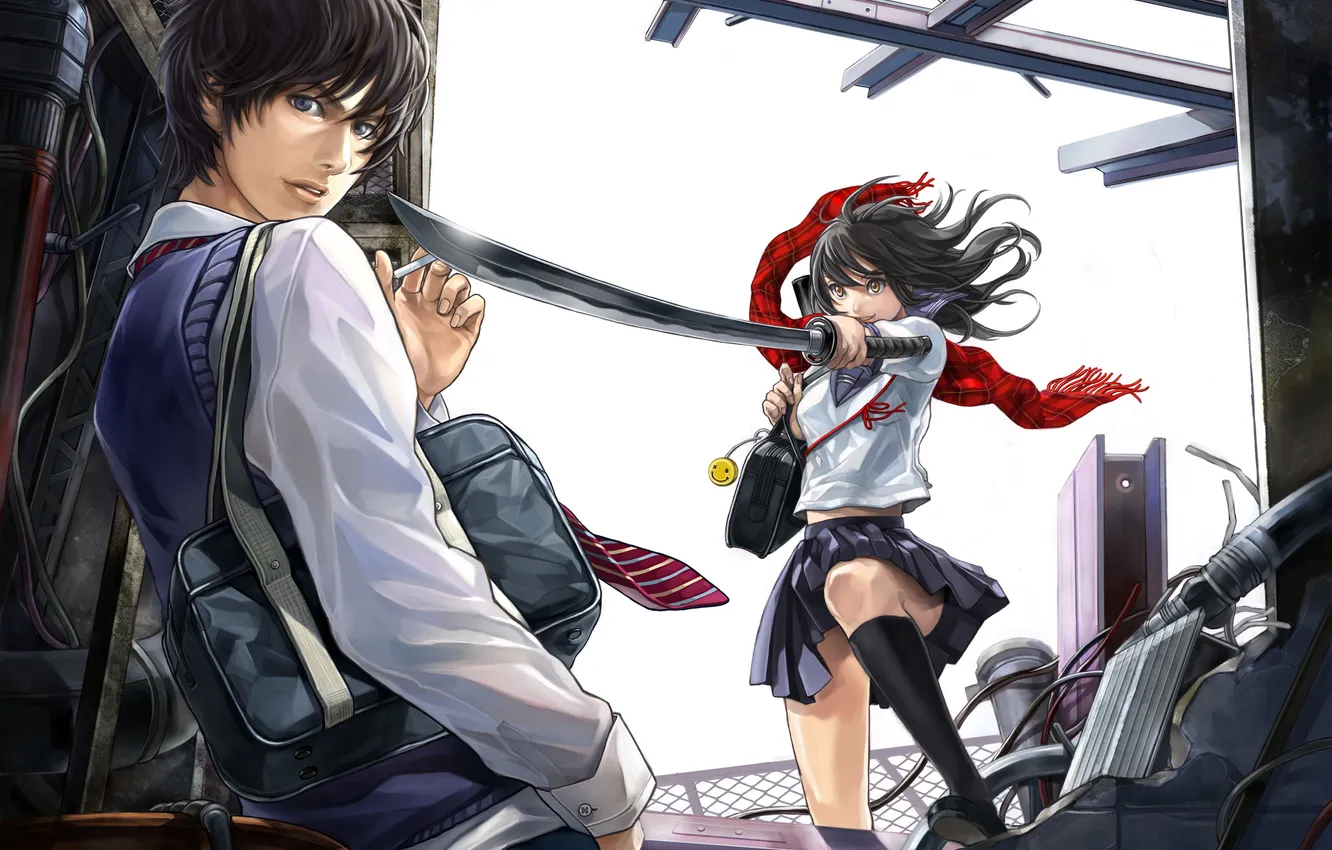 Photo wallpaper girl, weapons, sword, katana, scarf, art, cigarette, opening