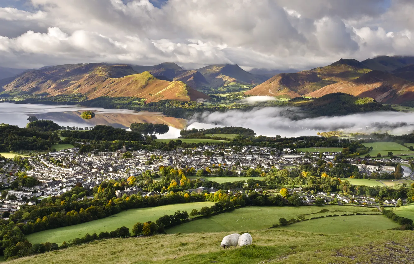 Photo wallpaper grass, clouds, river, hills, sheep, home, town