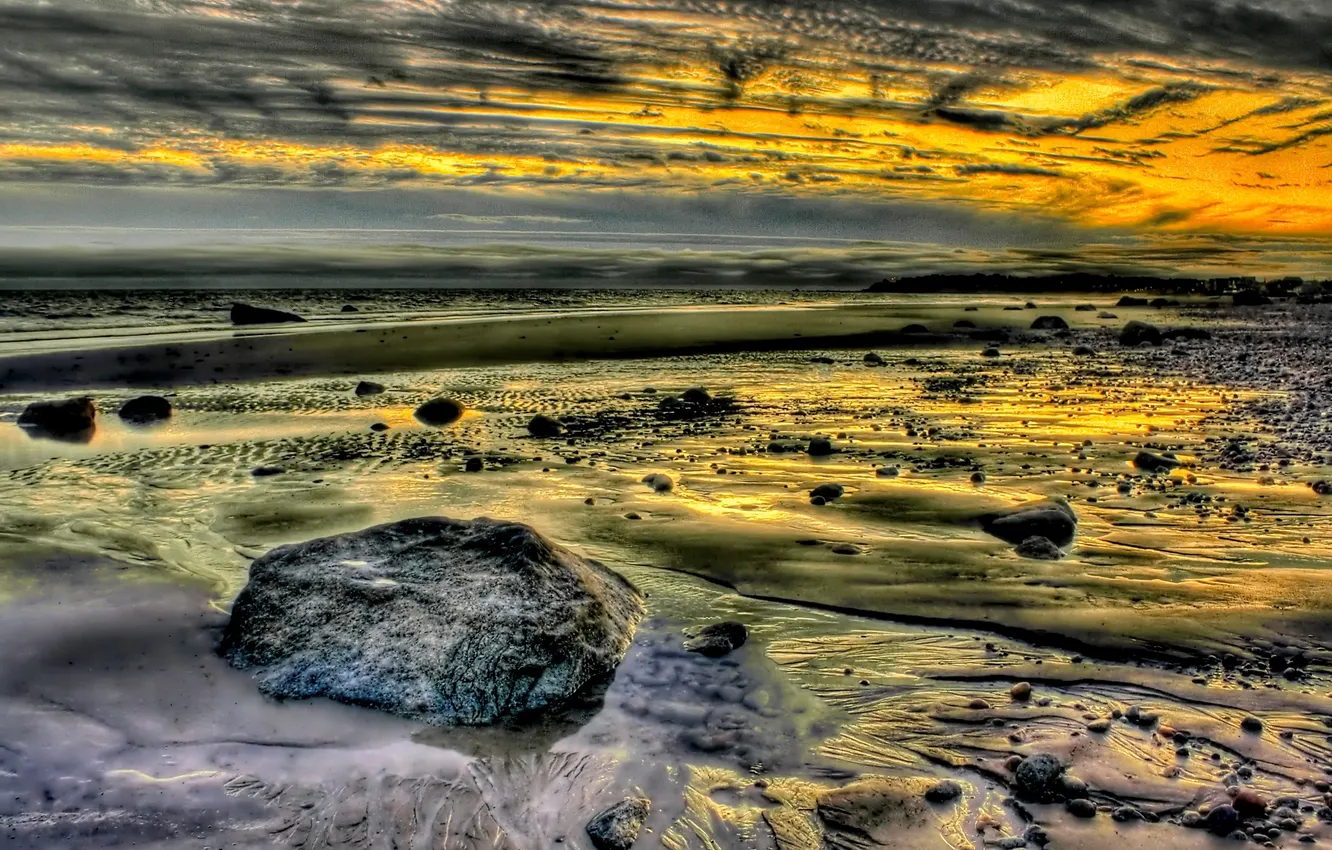 Photo wallpaper sea, the sky, clouds, stones, shore, the evening, tide, glow