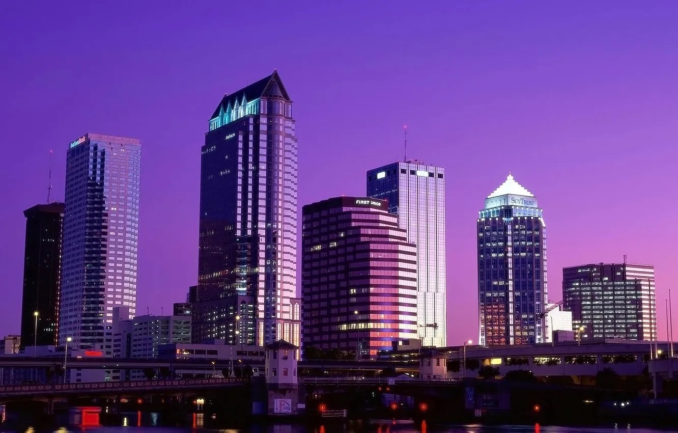 Photo wallpaper purple, night, the city, skyscrapers