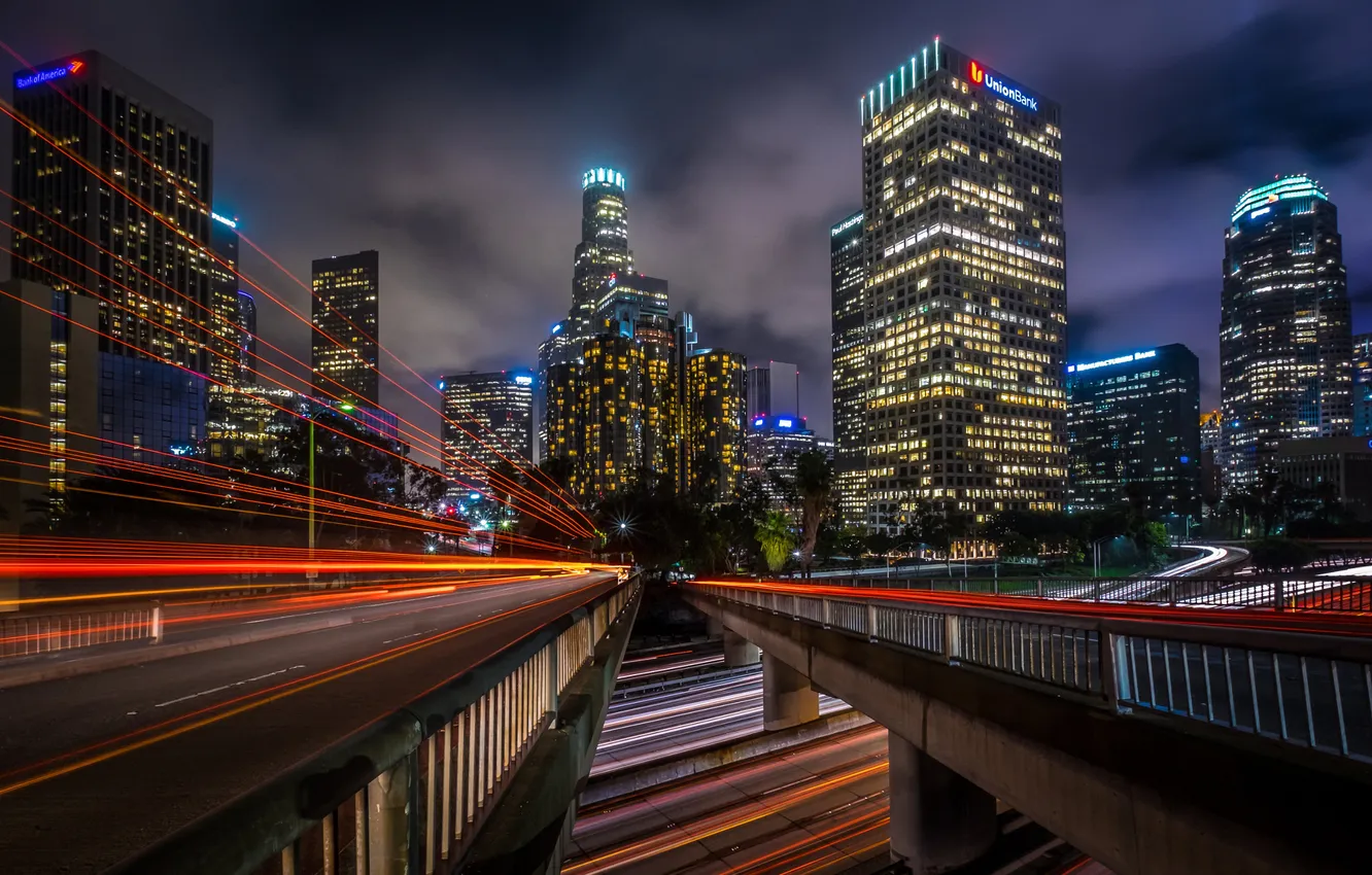 Photo wallpaper night, bridge, the city, excerpt, USA, Los Angeles, Downtown LA, 4th Street Bridge