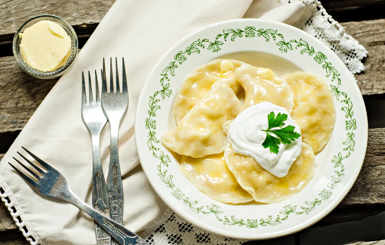 Photo wallpaper oil, parsley, sour cream, dumplings