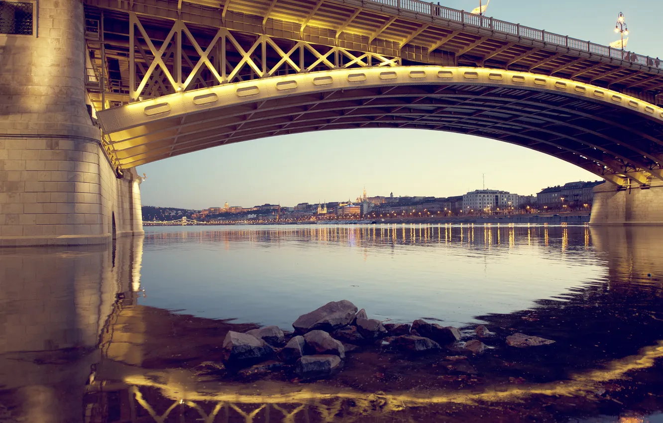 Photo wallpaper bridge, lights, river, the evening, Hungary, Budapest