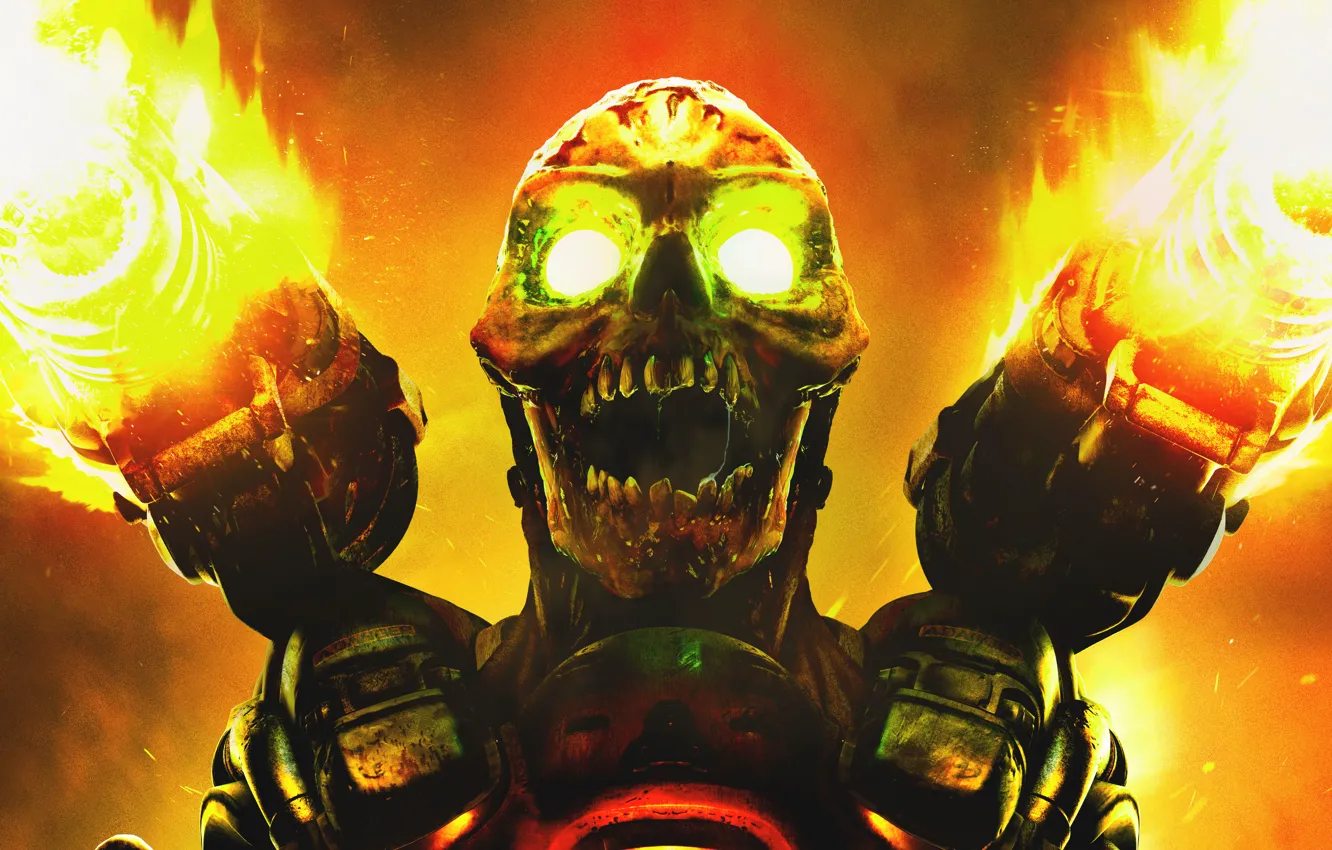 Photo wallpaper fire, skull, monster, gun, teeth, shot, mutant, DooM