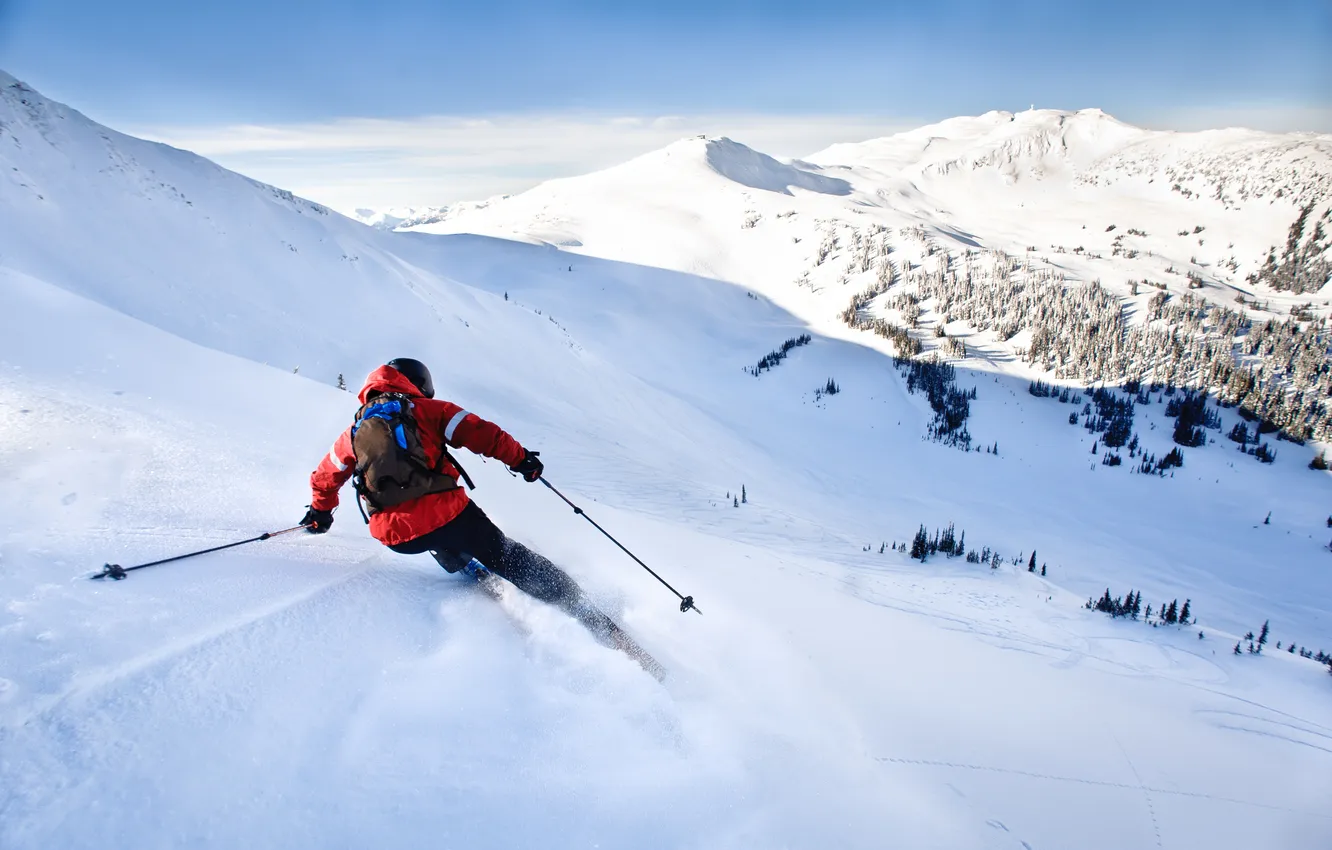 Photo wallpaper forest, the sky, snow, landscape, mountains, nature, the descent, speed