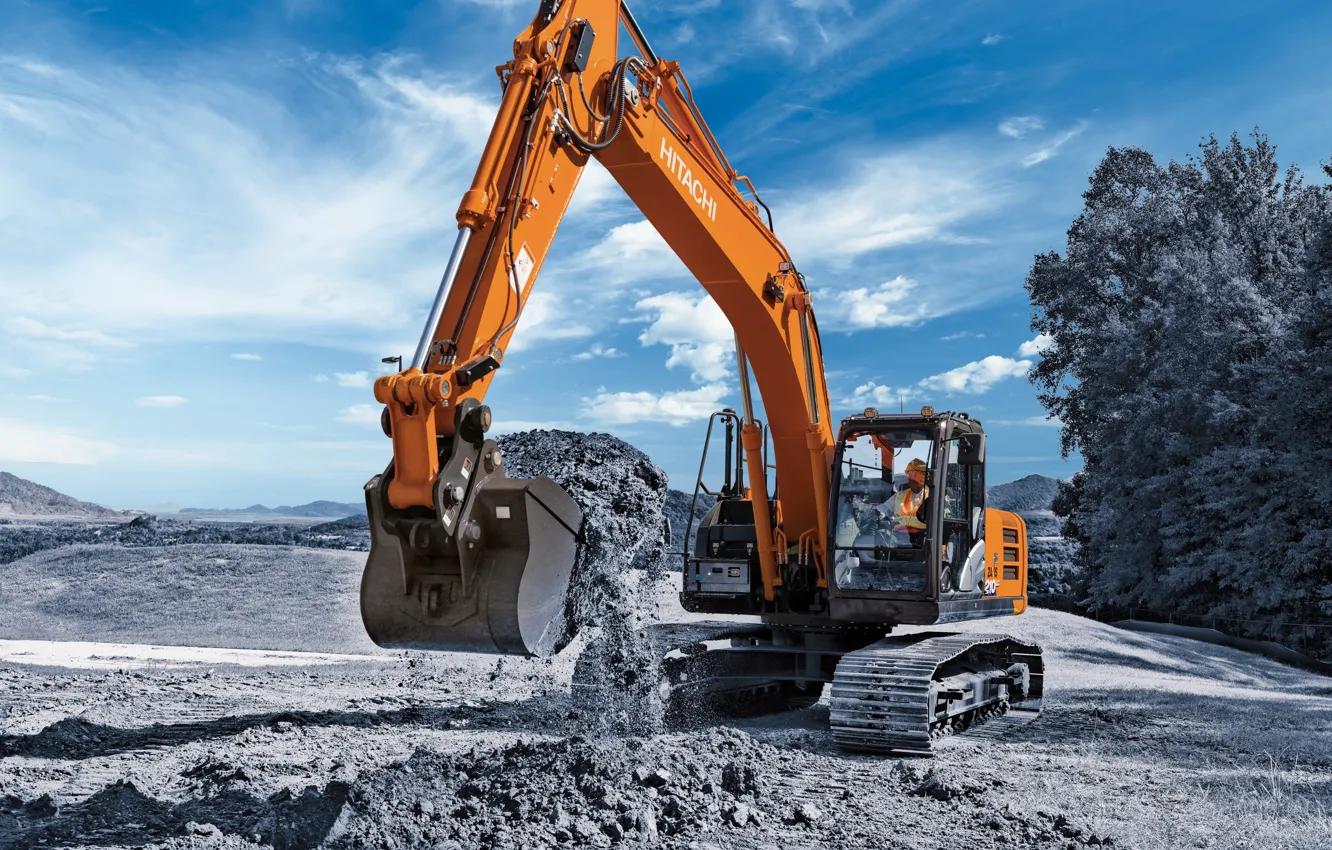 Photo wallpaper sand, the sky, cabin, excavator, caterpillar, bucket, the ground, quarry