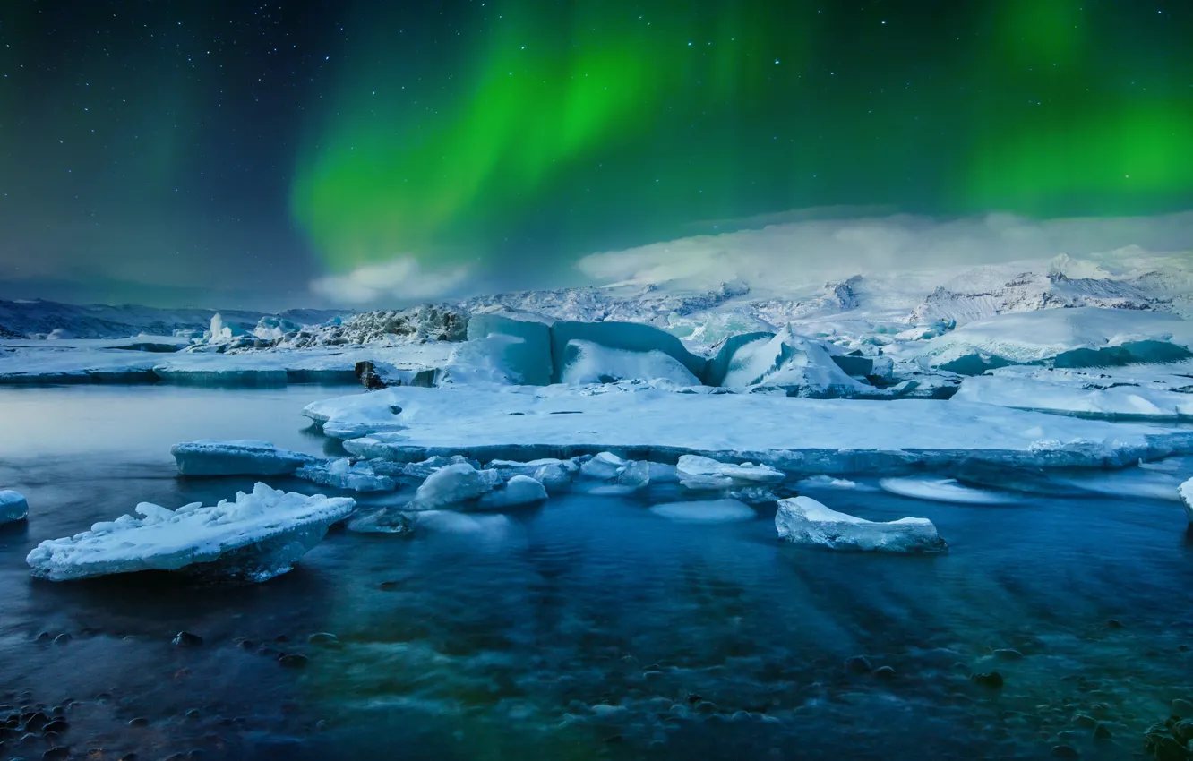 Photo wallpaper Frozen, Stars, Aurora, Winter, Lights, Snow, Iceland, Ice