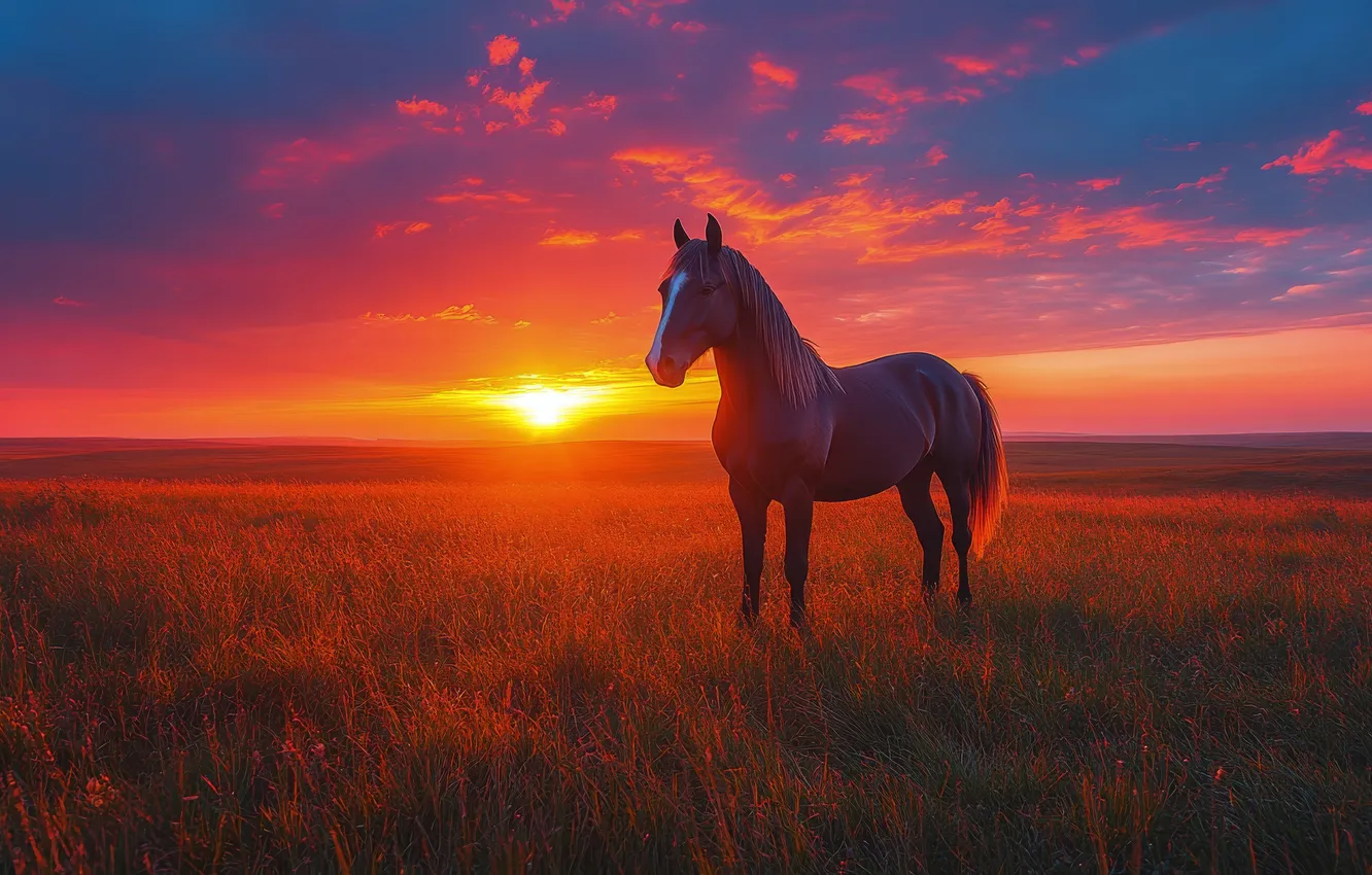 Photo wallpaper field, the sky, the sun, clouds, sunset, horse, horse, AI art