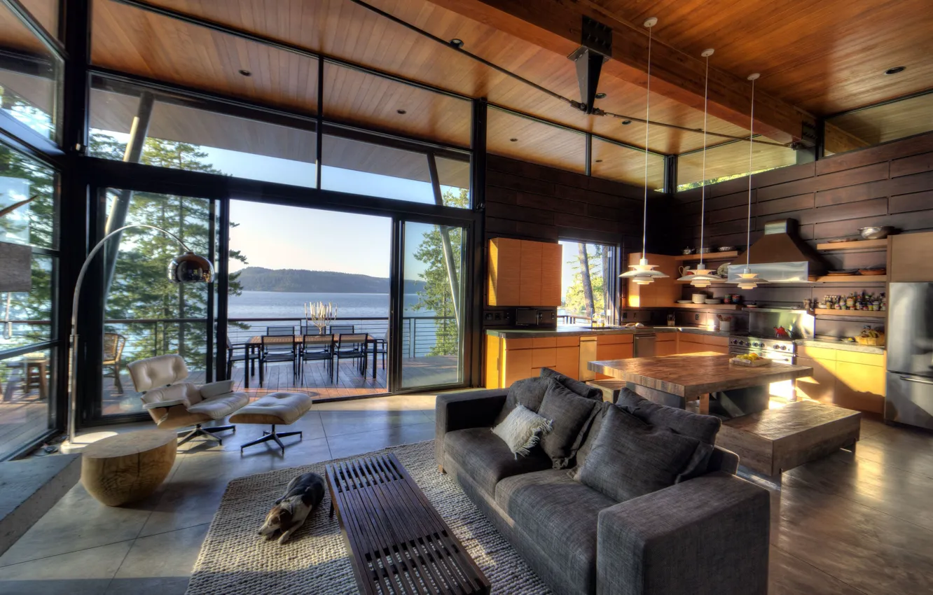 Photo wallpaper interior, kitchen, interior, dining room, country house, modern lake house