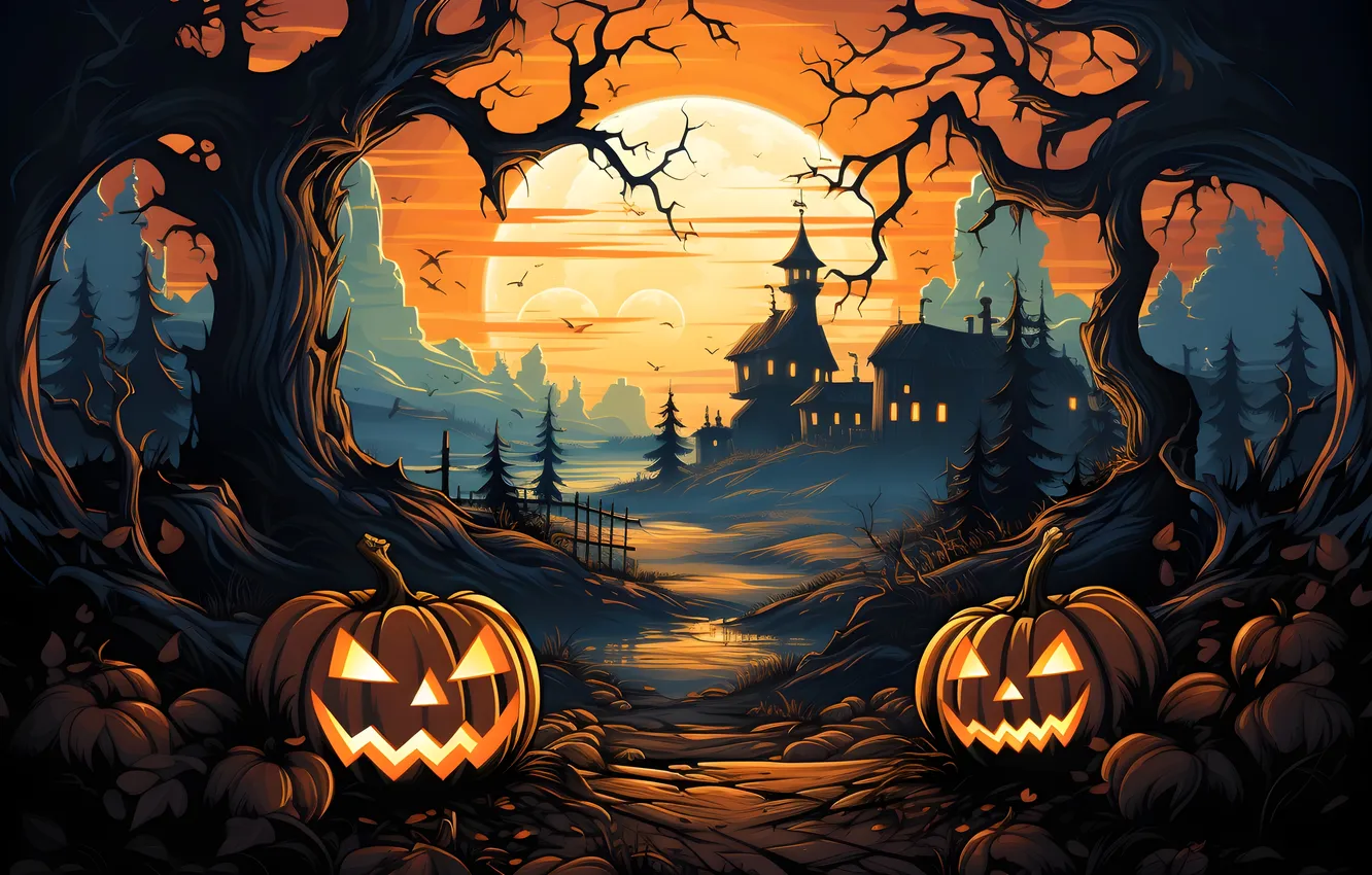 Photo wallpaper Home, The evening, Road, Lights, The fence, Trees, The moon, Pumpkin