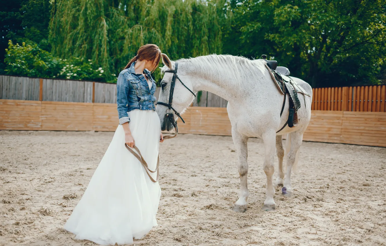 Photo wallpaper white, girl, horse, horse, white dress, communication, denim jacket, Racecourse