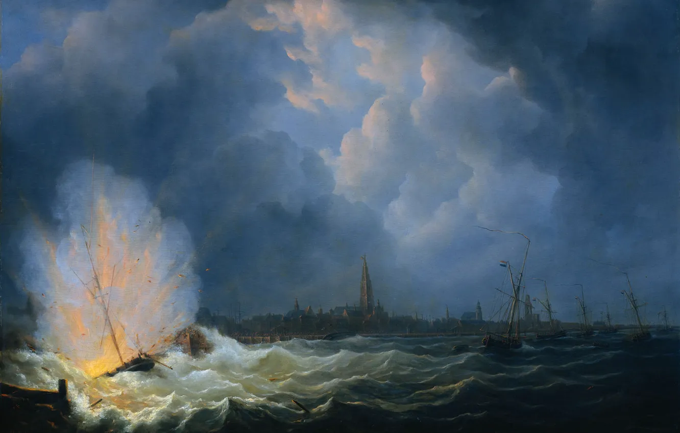 Photo wallpaper oil, picture, canvas, battle, The Martinus Schoeman, Explosion of Gunboat near Antwerp