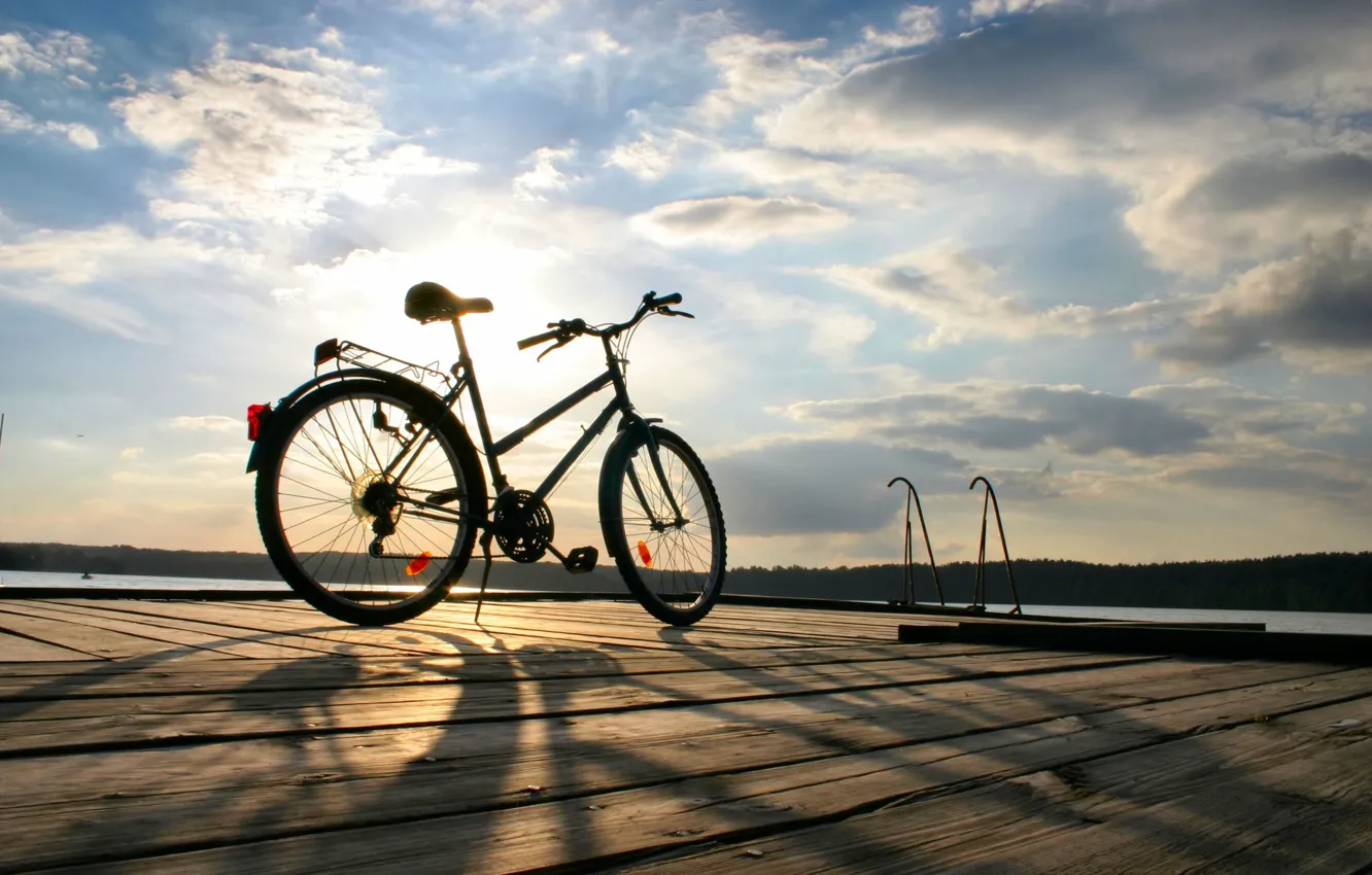 Photo wallpaper sea, the sky, water, the sun, clouds, trees, bike, background