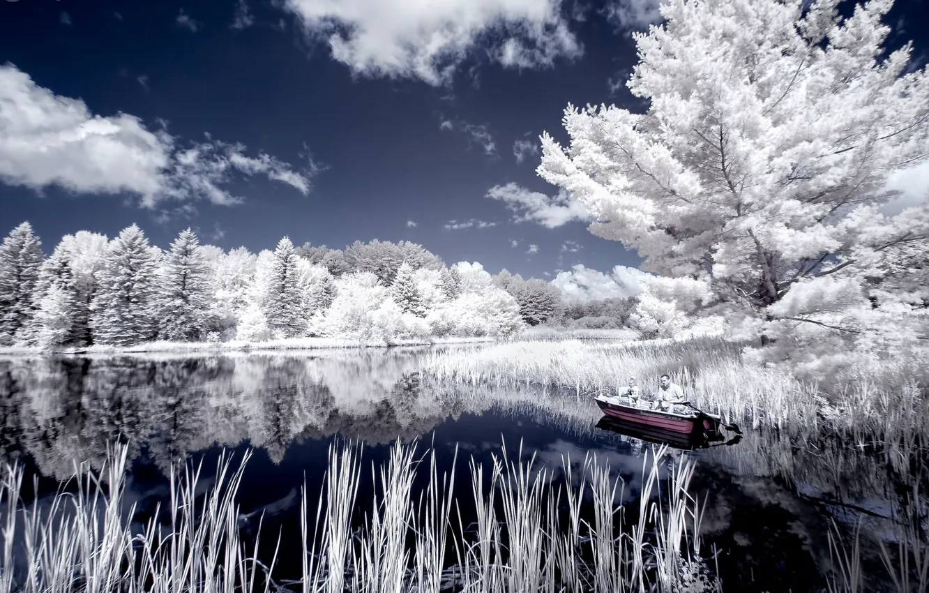 Photo wallpaper landscape, nature, lake, style, boat, color