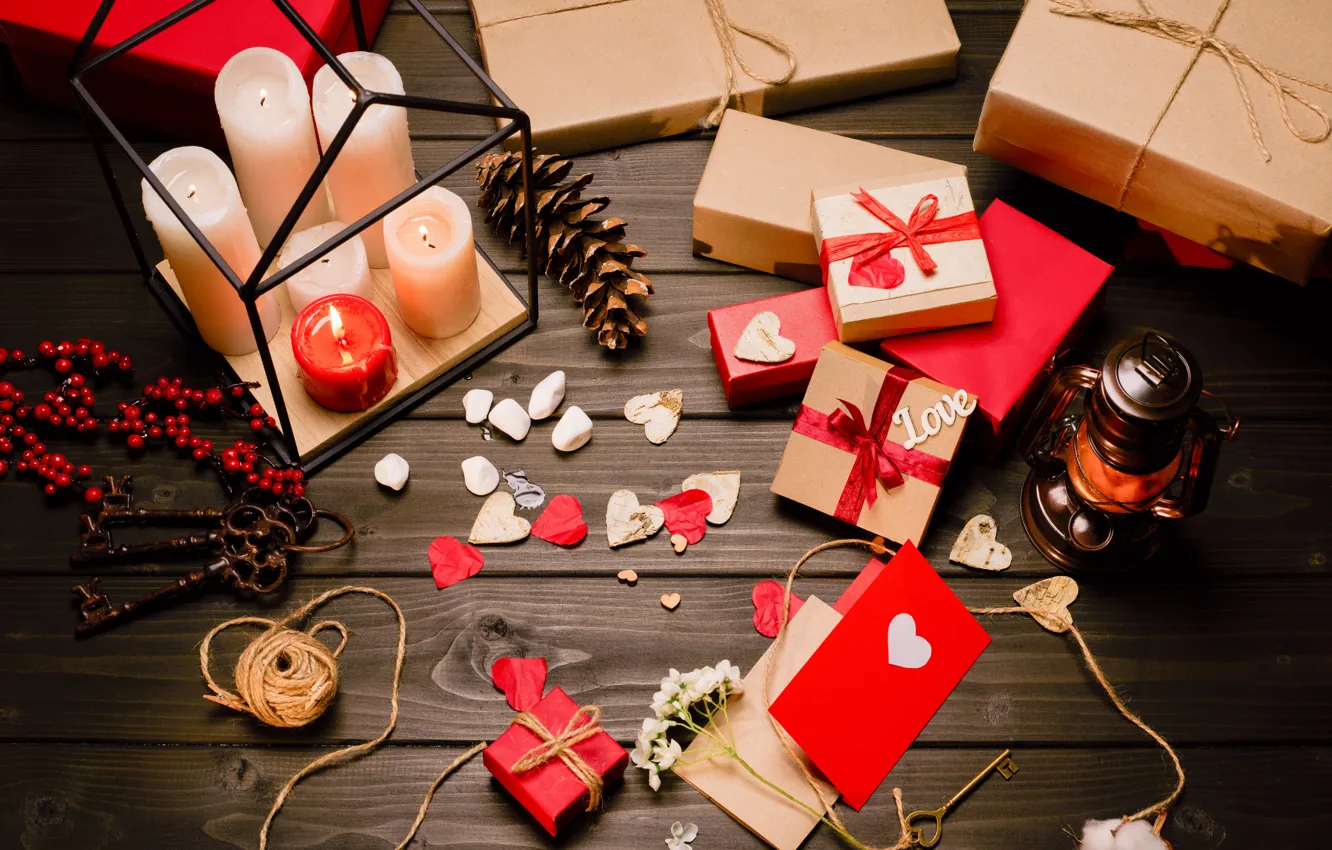 Photo wallpaper holiday, candles, gifts, hearts, love, Valentine's day, holiday, candles